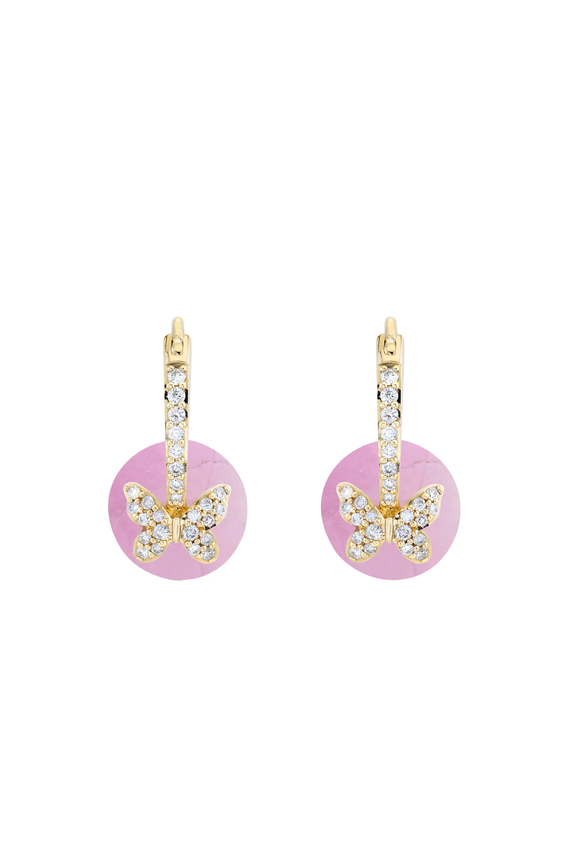 Butterfly Rose Quartz Earrings, 14K Yellow Gold, Diamonds & Rose Quartz