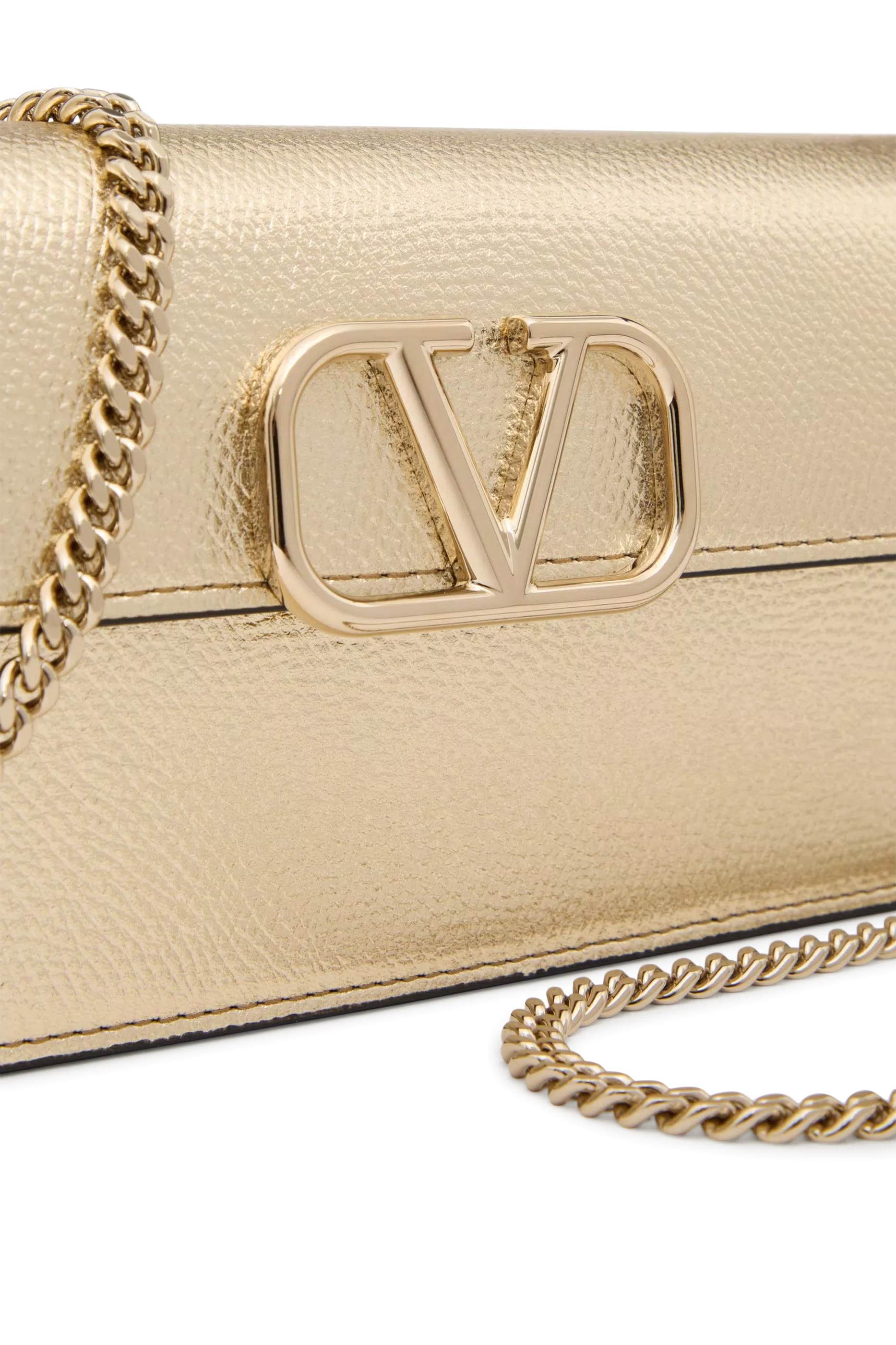 VLogo Signature Metallic Grainy Calfskin Wallet With Chain