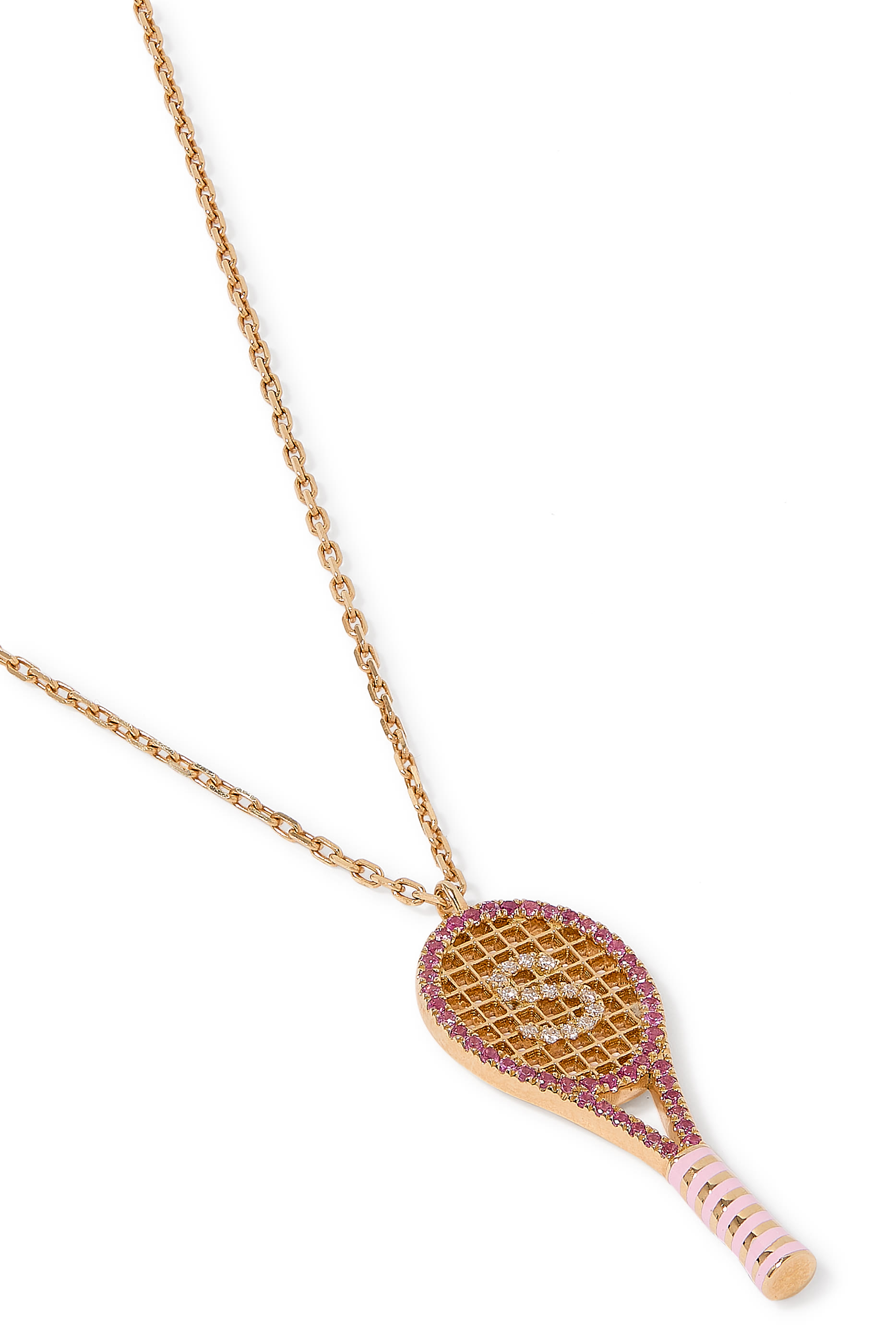 Letter 'S' Tennis Racket Necklace, 18k Yellow Gold & Diamonds, Sapphires