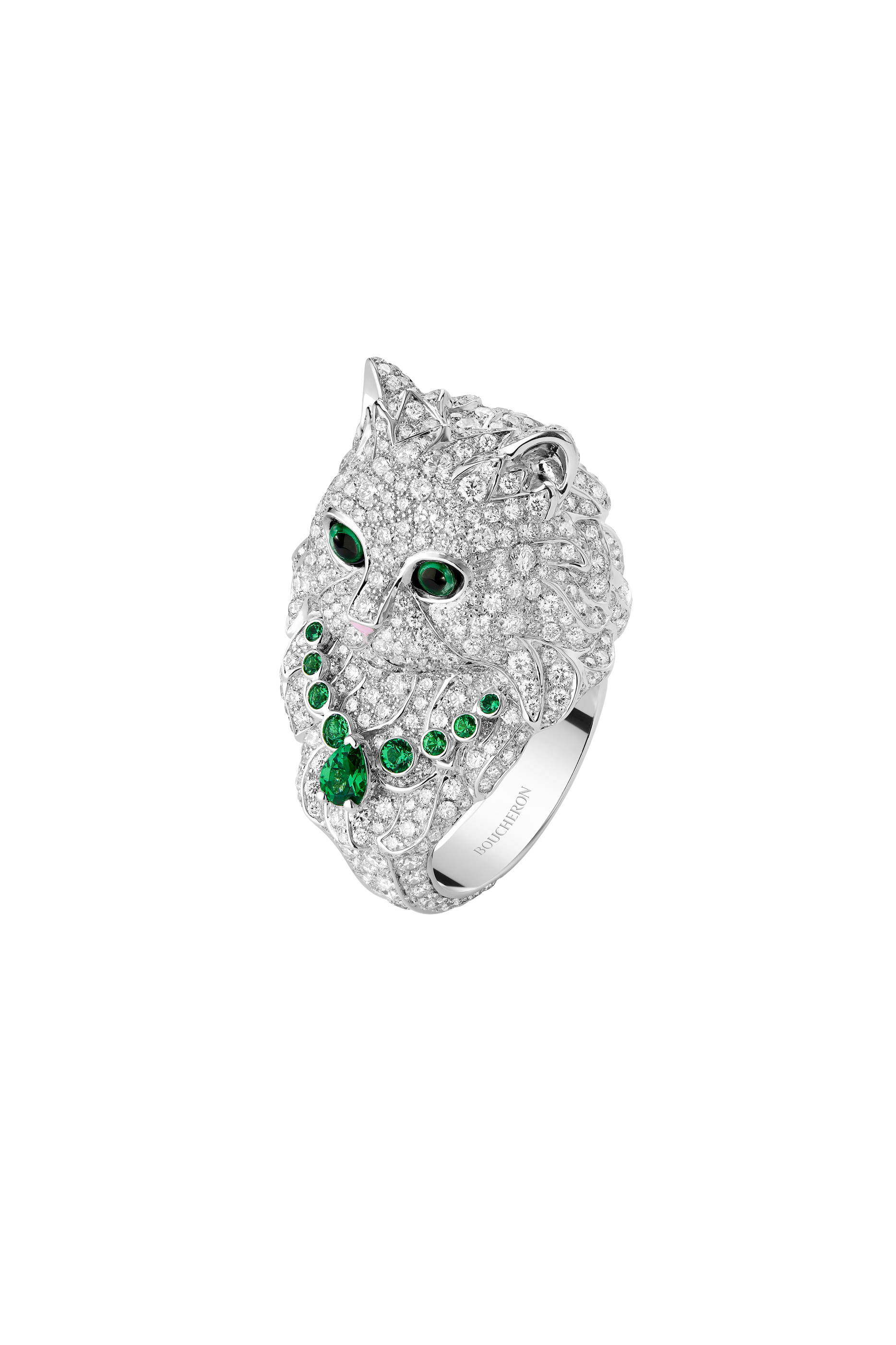 Wladimir the Cat Ring, 18k White Gold & Tsavorite, Diamonds