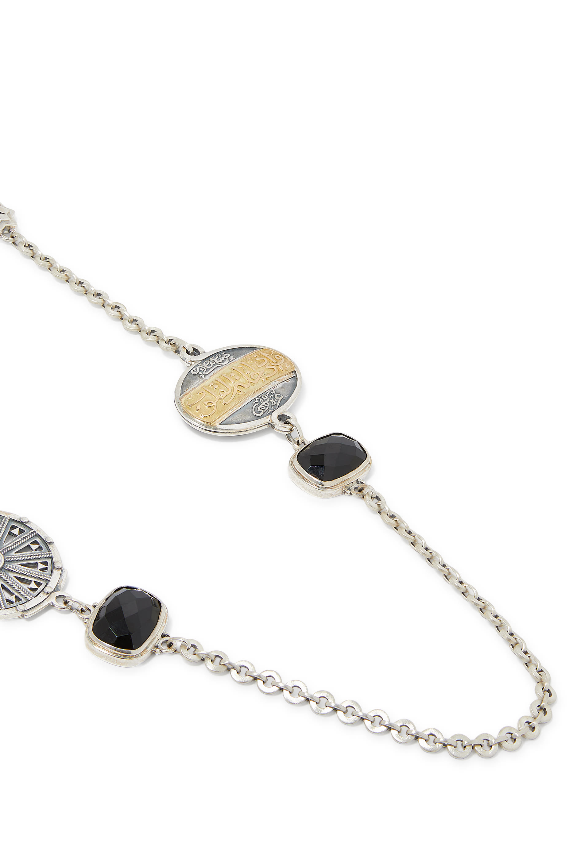 Nur Black Onyx and Garnet Be Kind Calligraphy Necklace, 18k Yellow Gold, Sterling Silver & Onyx, Garnet