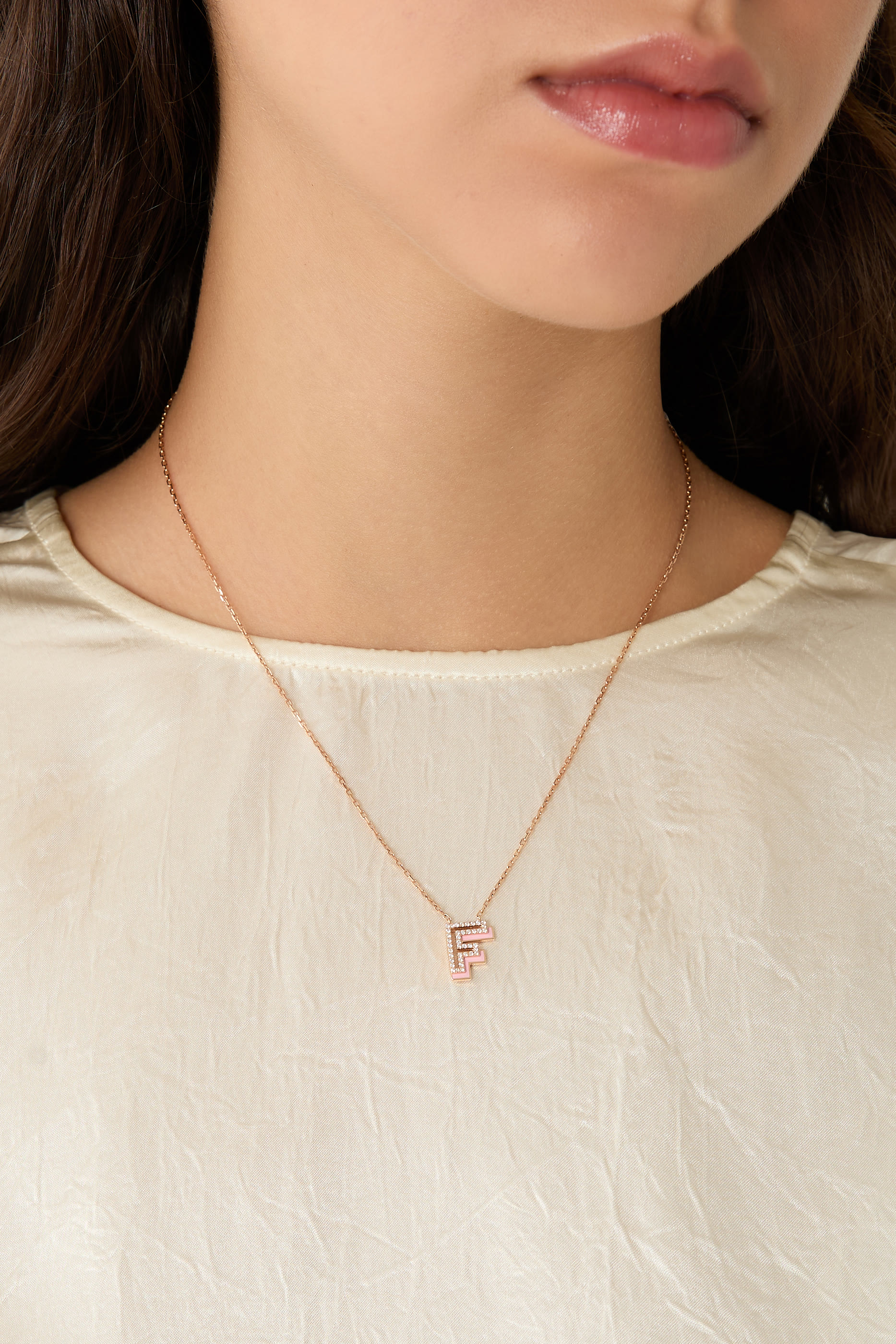 Letter F Silhouette Necklace, 18k Rose Gold with Diamonds & Enamel