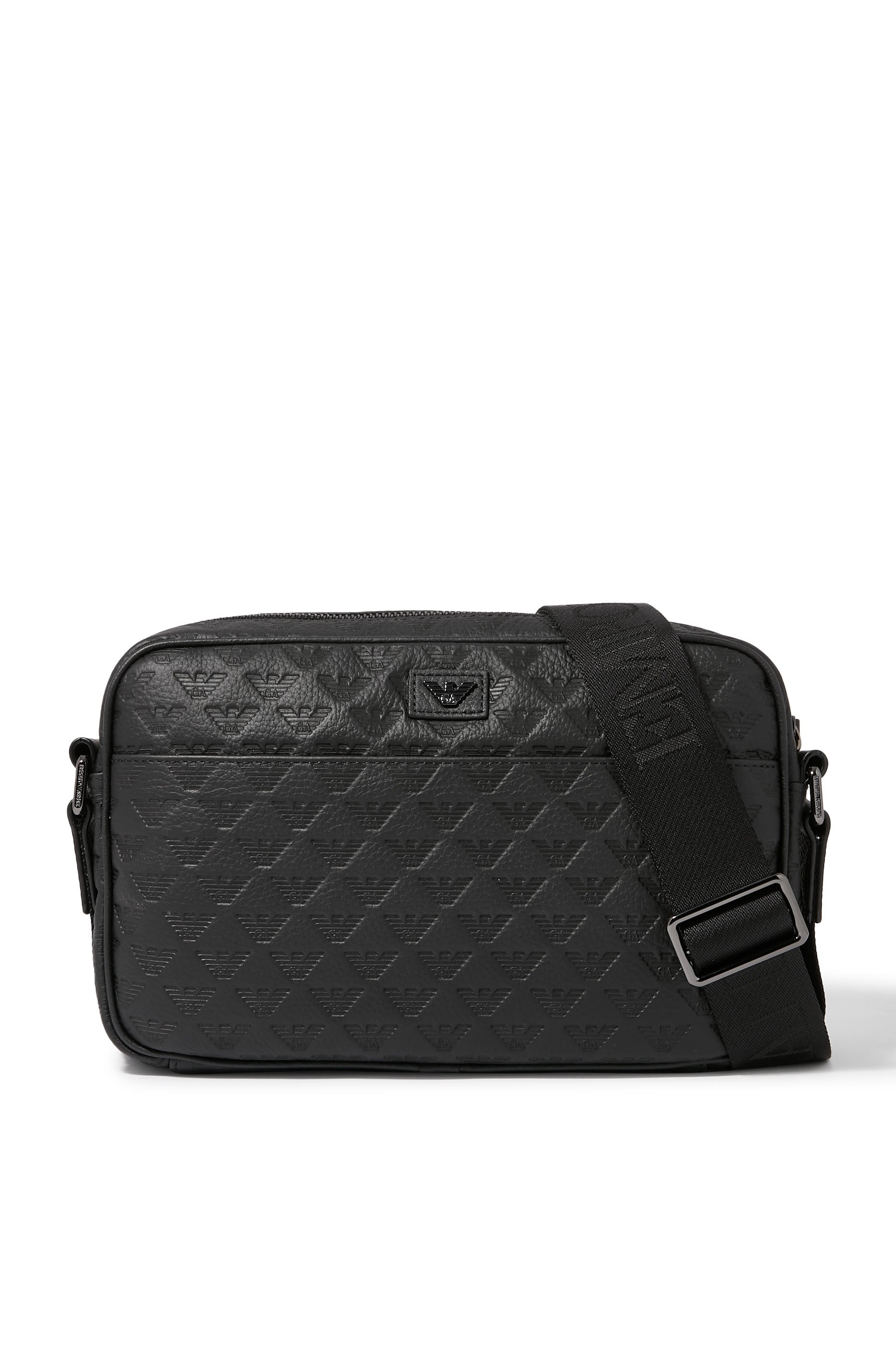 Leather Shoulder Bag with All-Over Embossed Eagle