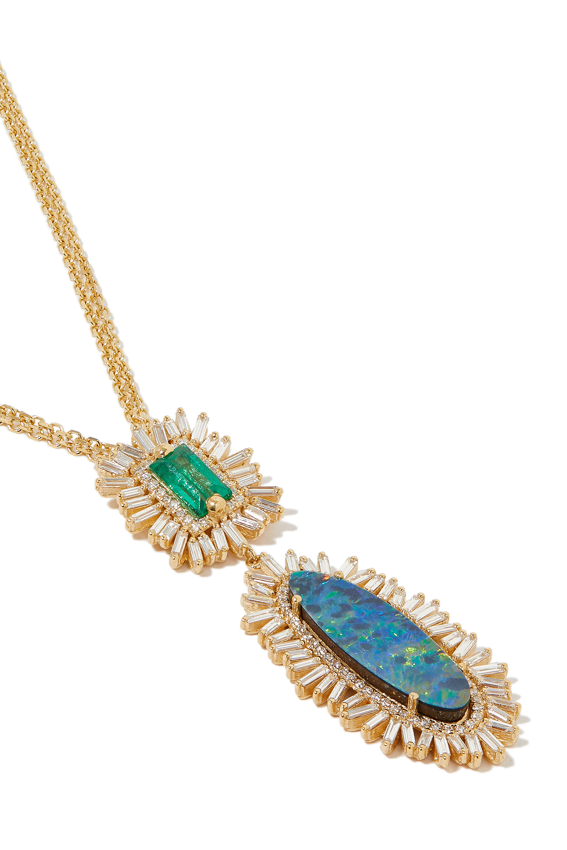 Opal Baguette Necklace, 18k Yellow Gold with Emerald & Diamond