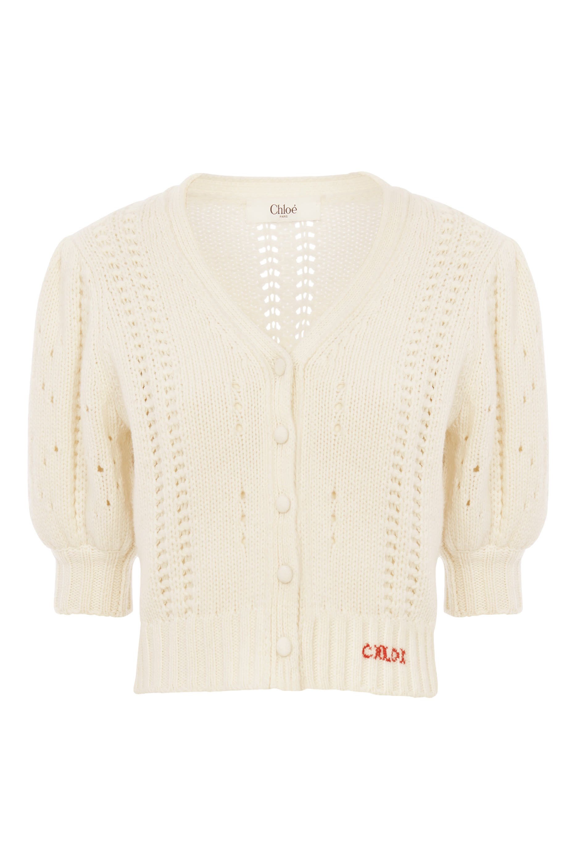 Puff-Sleeve Cardigan in Wool & Cashmere Knit 
