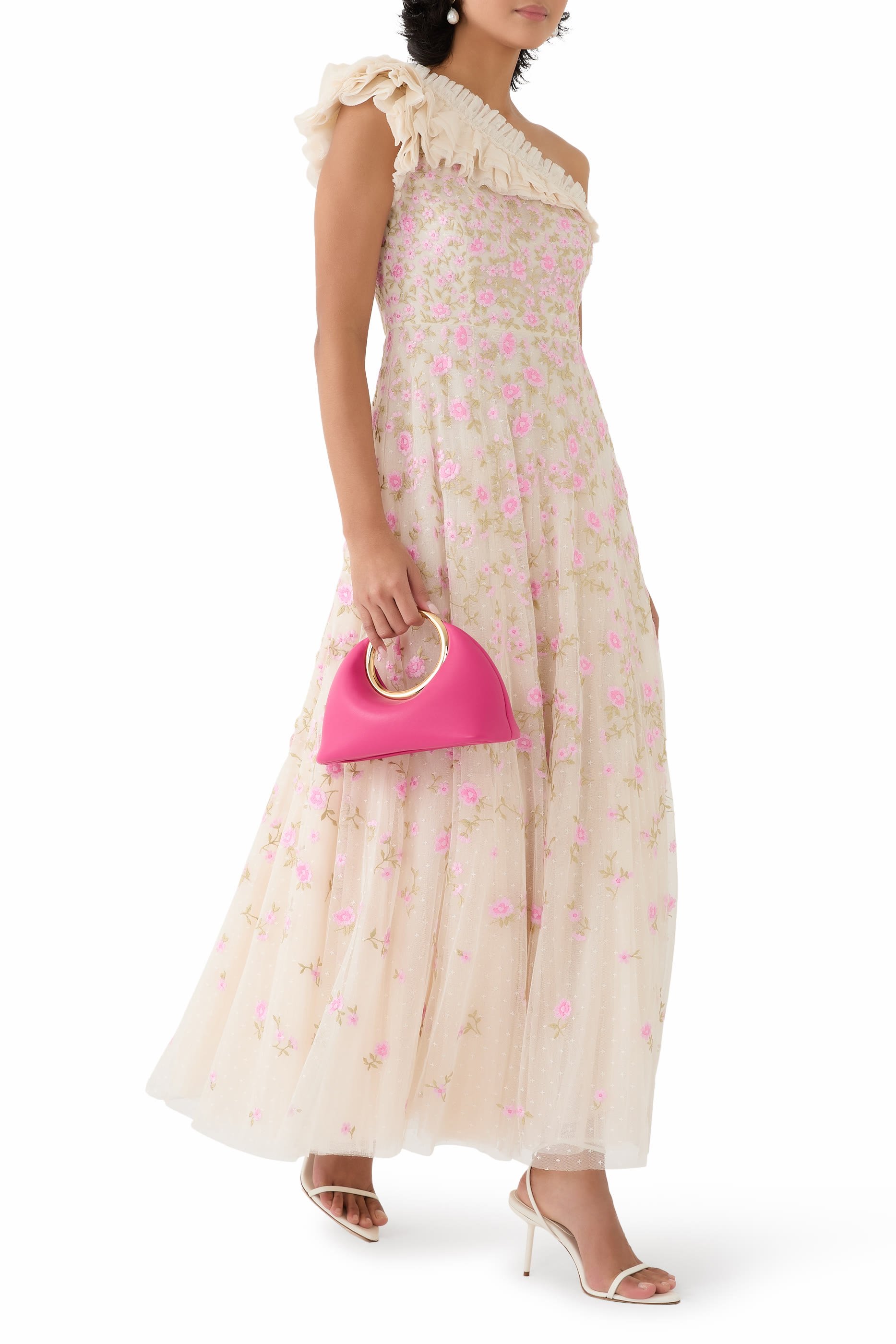 Lea Ditsy One-Shoulder Ankle Gown