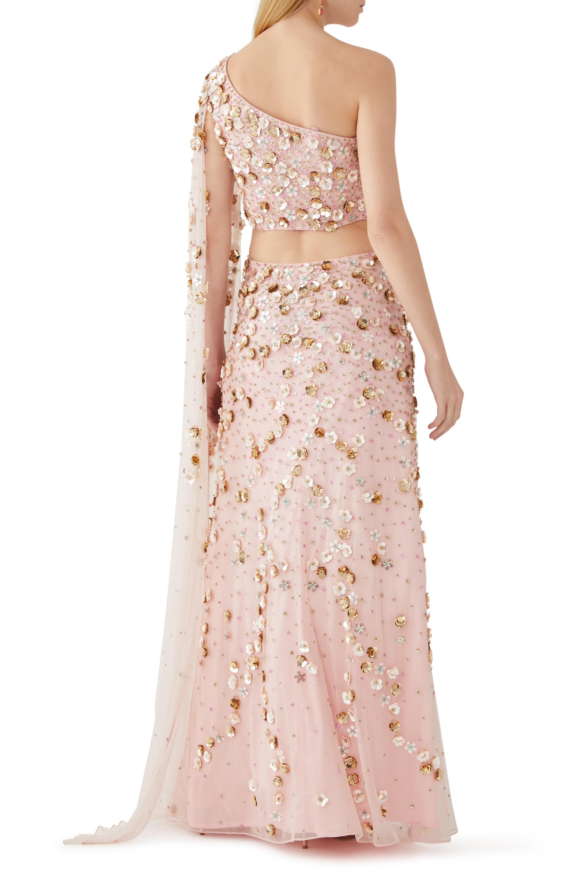 Inaya One Shoulder Train Drape Beaded Saree Gown