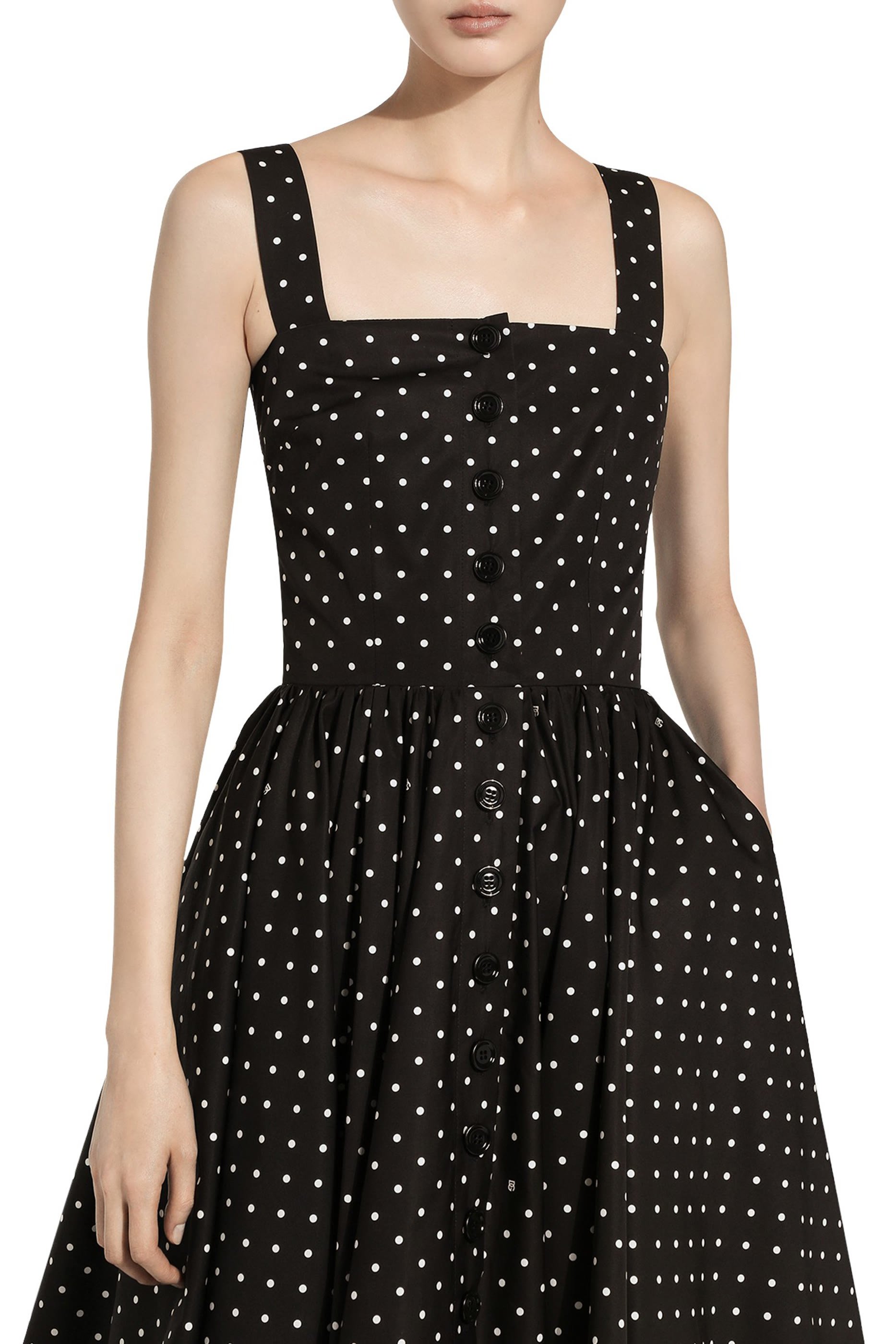 Calf-Length Cotton Dress with Polka-Dot Print