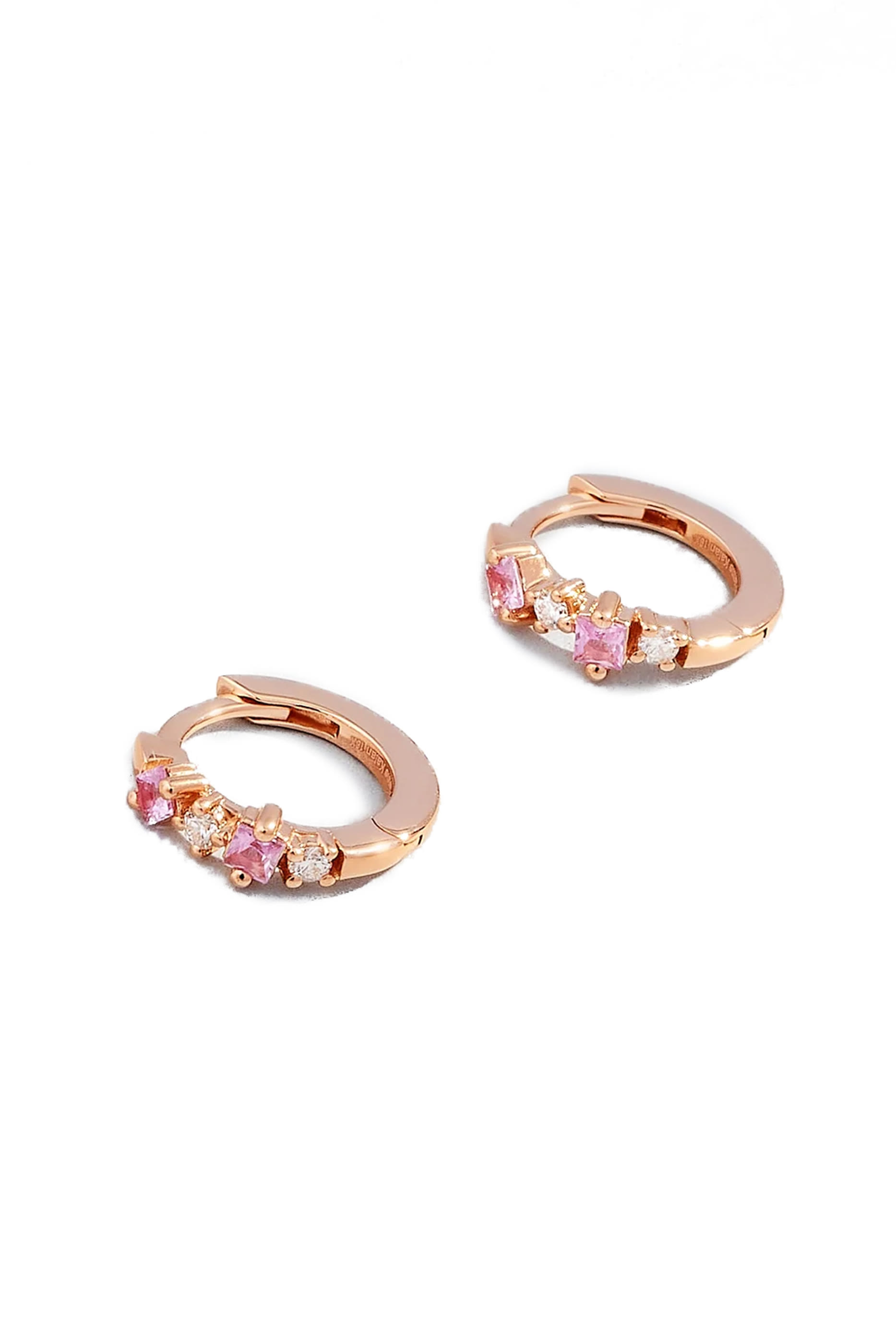 Princess Sapphire Mix Huggies Earrings, 18k Rose Gold & Sapphires, Diamonds