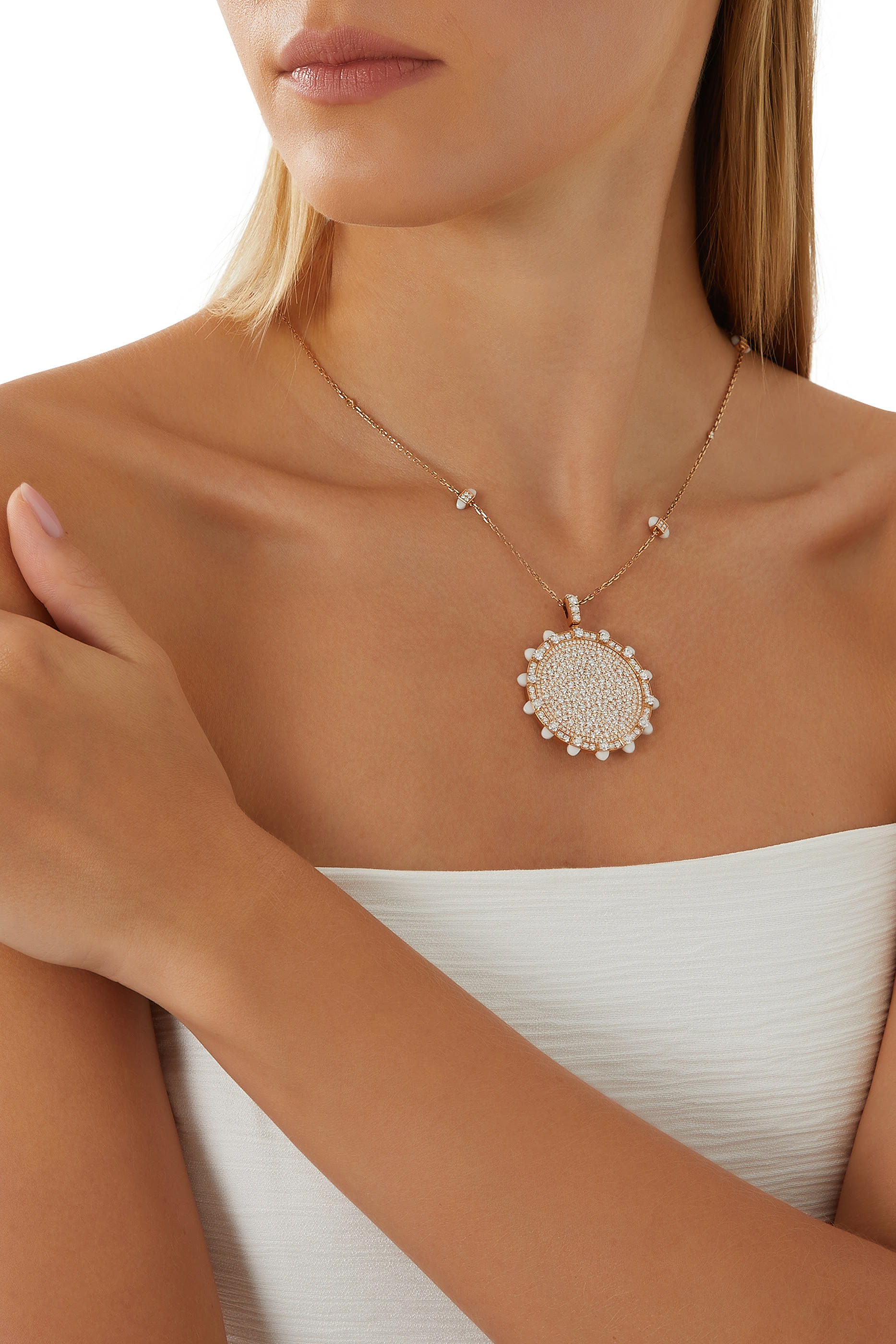 Tip-Top Statement Necklace, 18k Rose Gold with White Agate & Diamonds