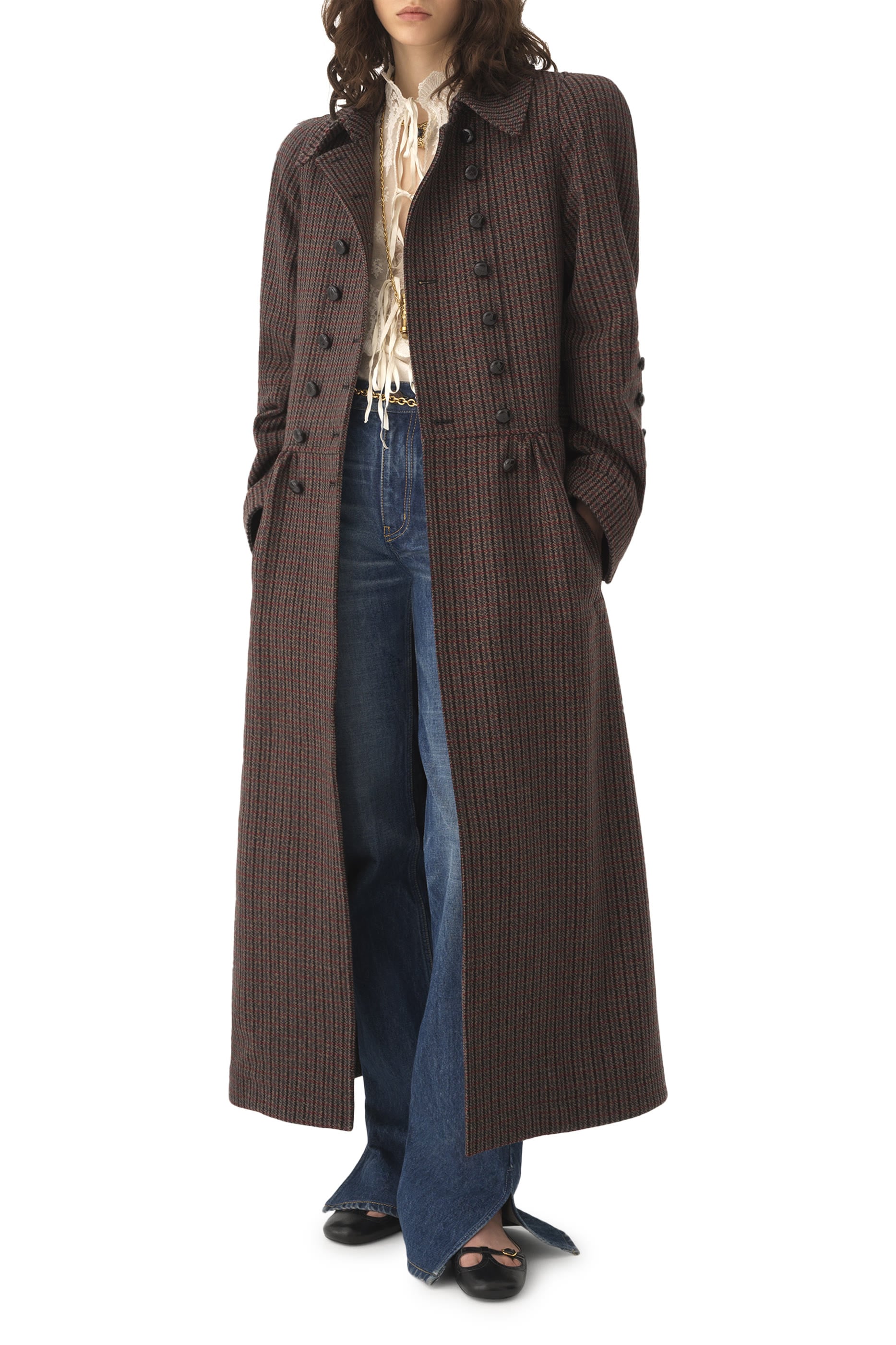 Double-Breasted Riding Coat in Houndstooth Wool