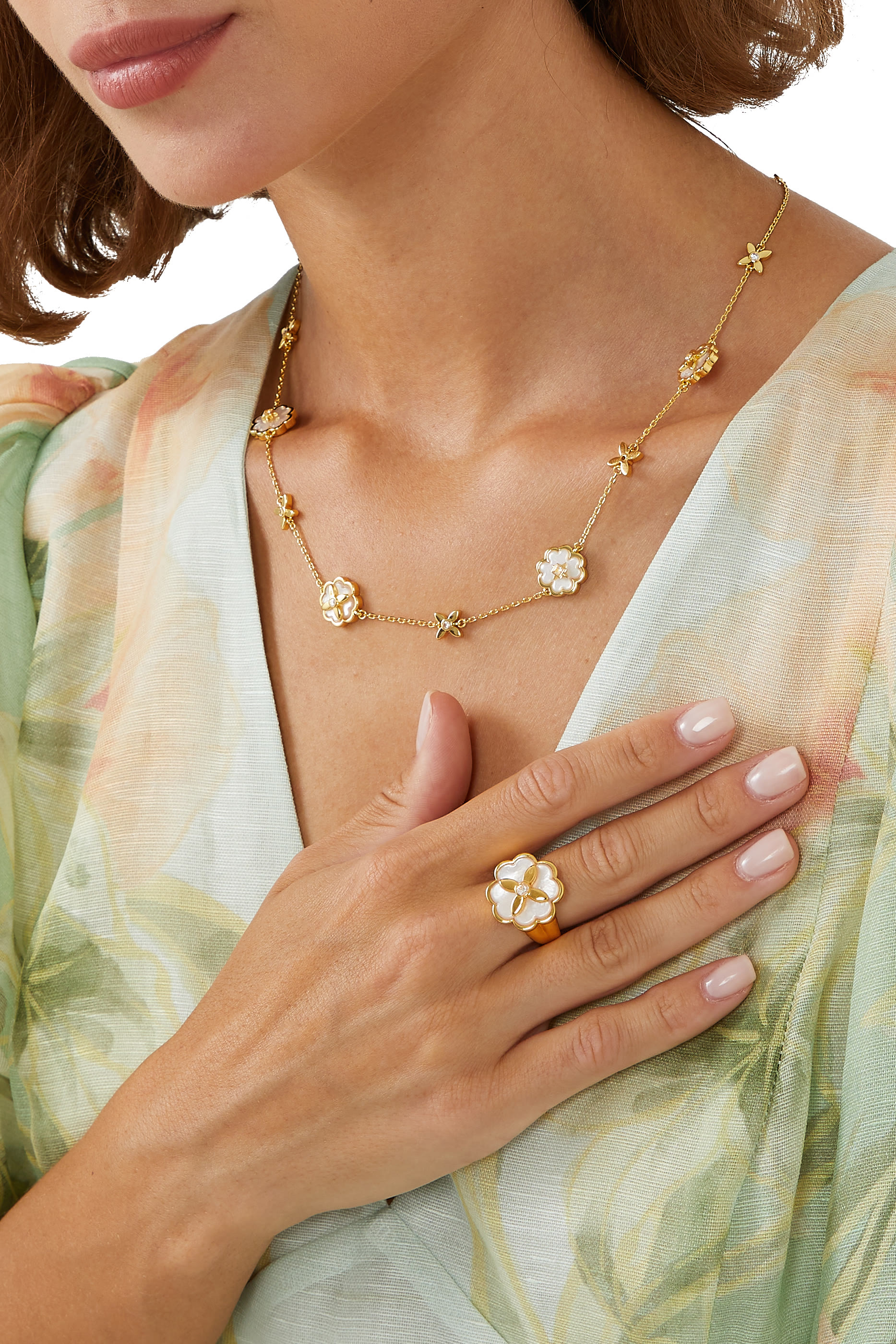 Heritage Bloom Scatter Necklace, Plated Metal & Mother of Pearl