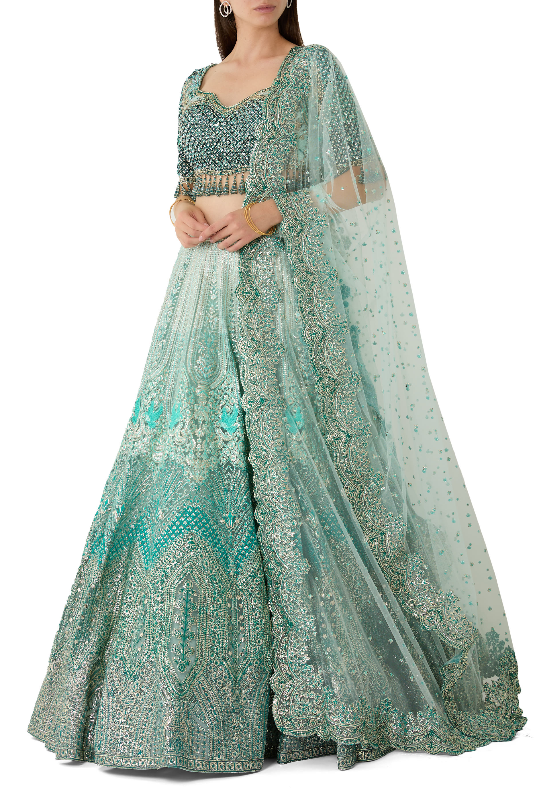 Sea Green Ombre Lehenga Set with Crystal & Sequin Blouse