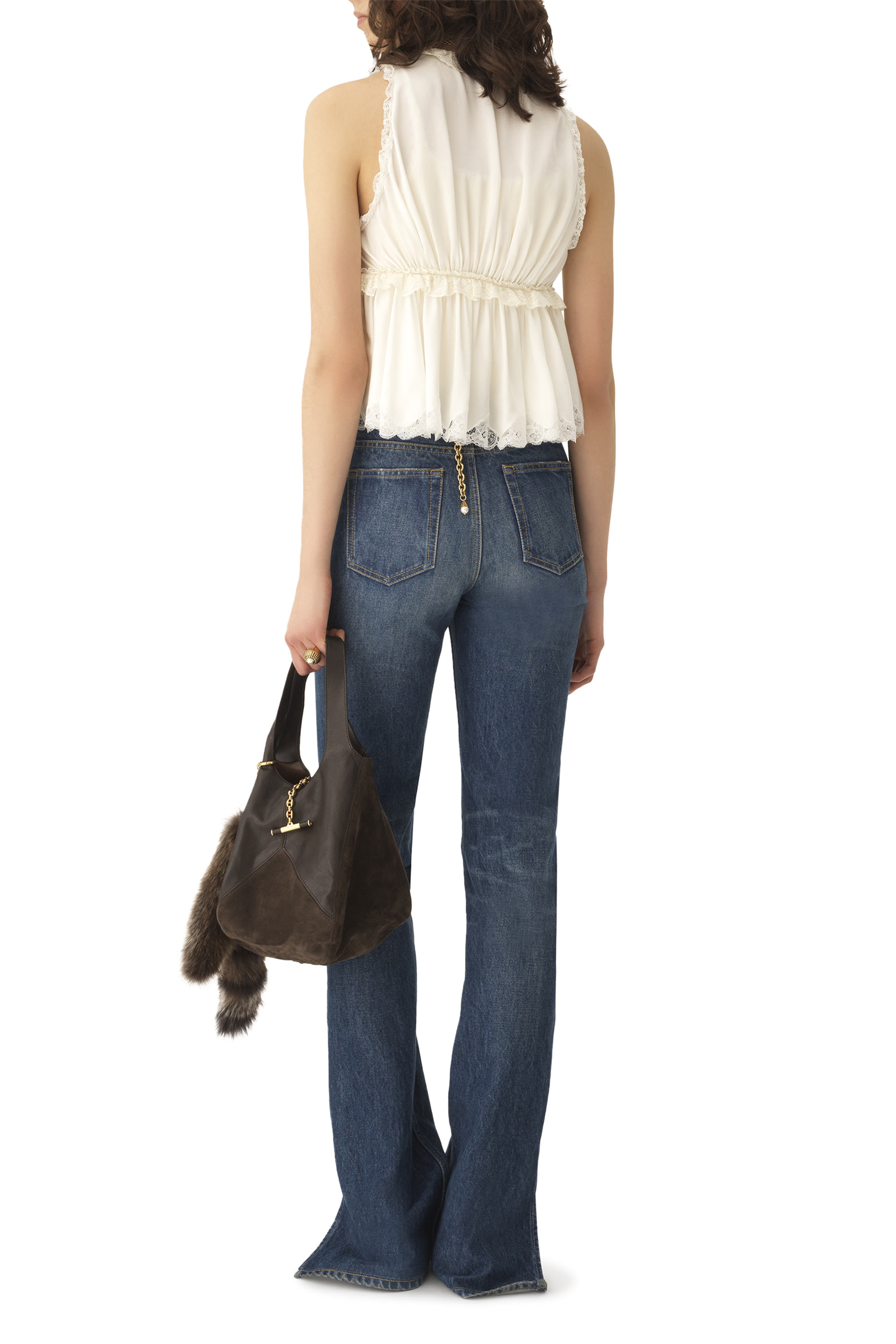  Tie-Front Sleeveless Top in Washed Silk Satin & Lace