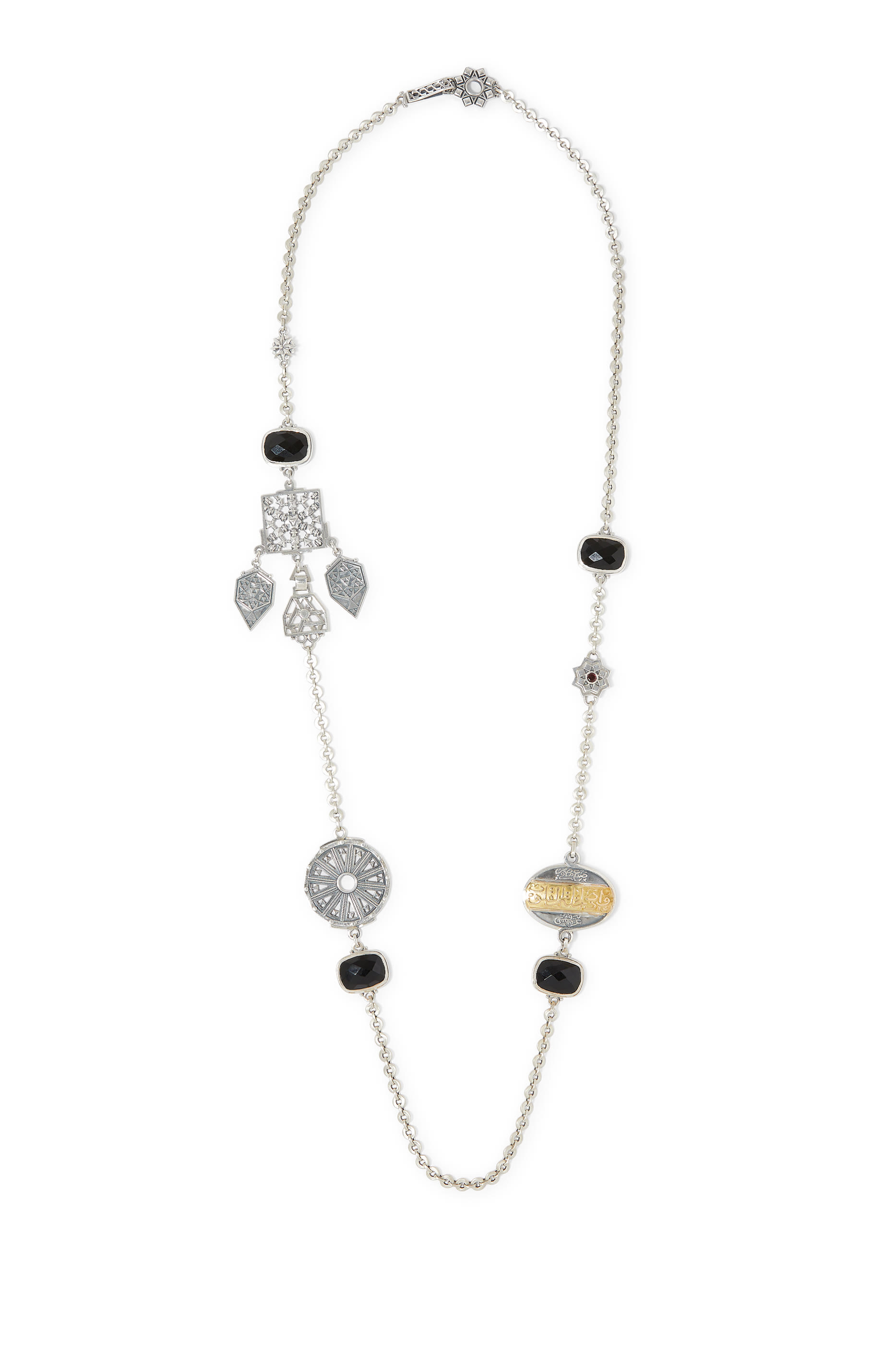 Nur Black Onyx and Garnet Be Kind Calligraphy Necklace, 18k Yellow Gold, Sterling Silver & Onyx, Garnet
