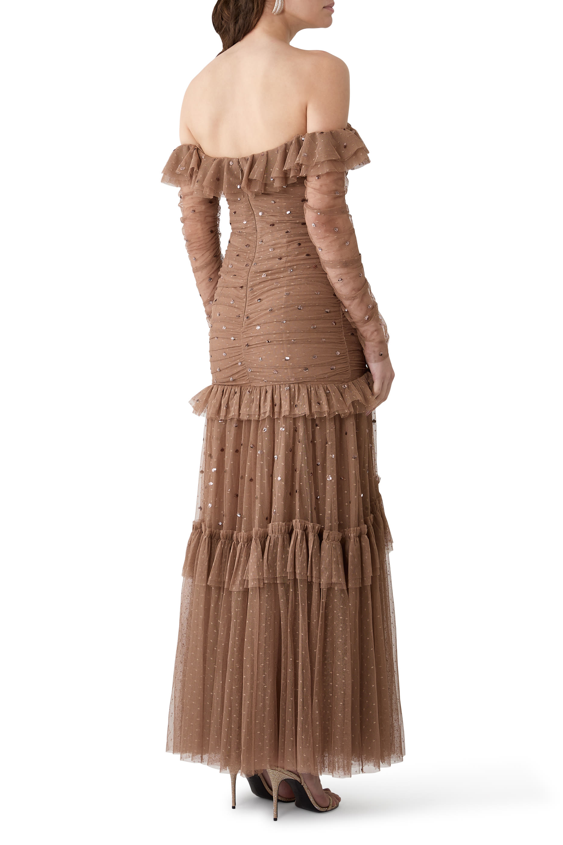 Sequin Glimmer Rouched Off-Shoulder Gown