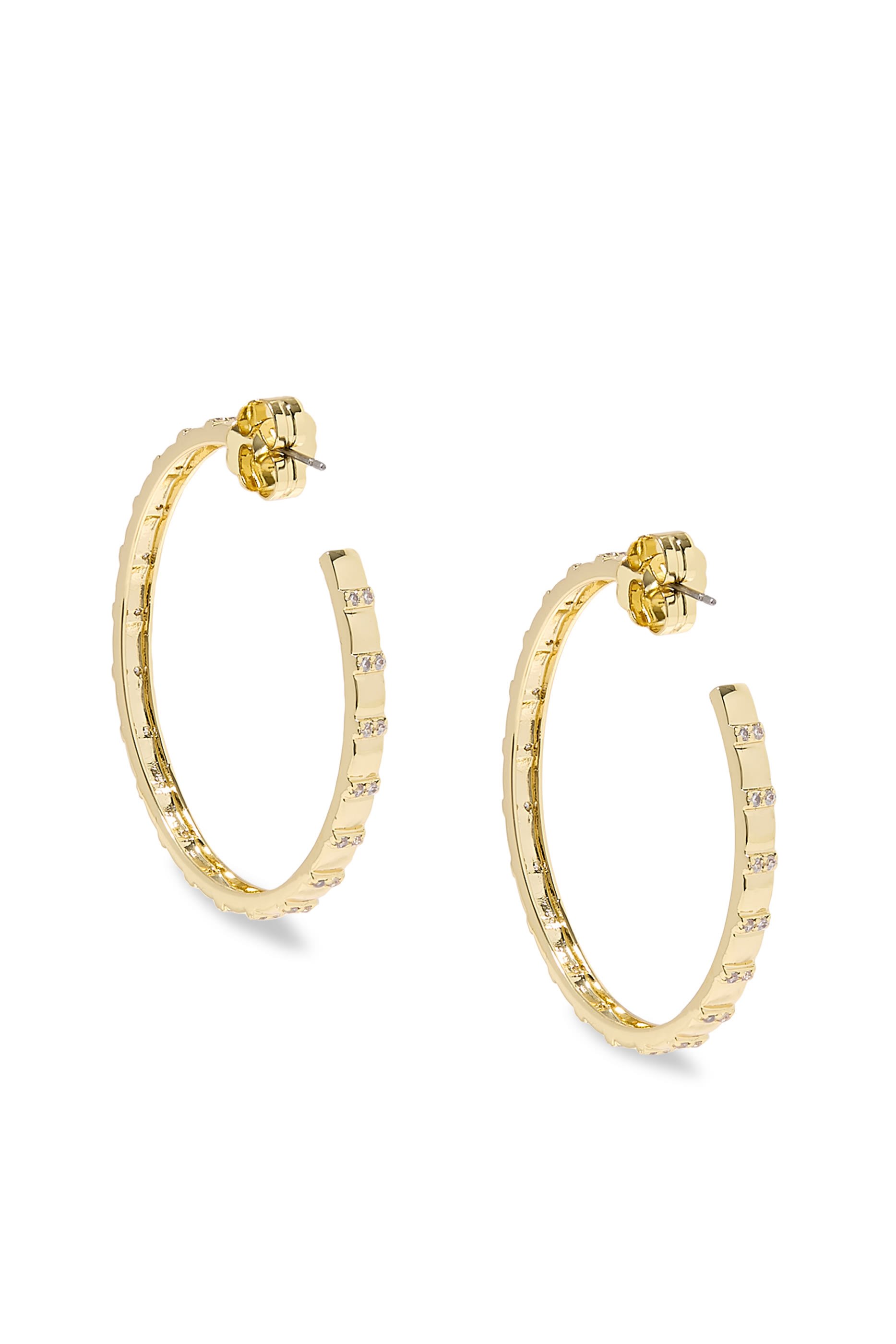  Textured Gold Hoops with CZ Accents, Gold-Plated Brass