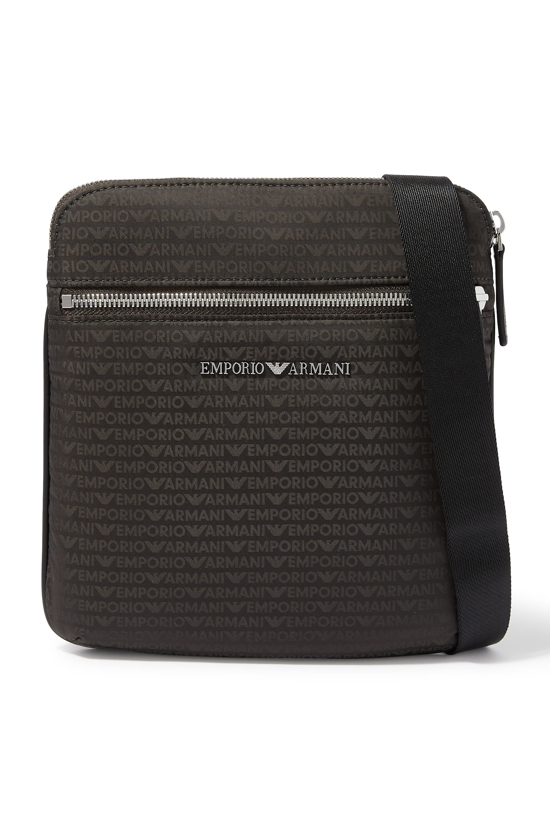 Flat Shoulder Bag in Nylon with All-Over Jacquard Logo Lettering