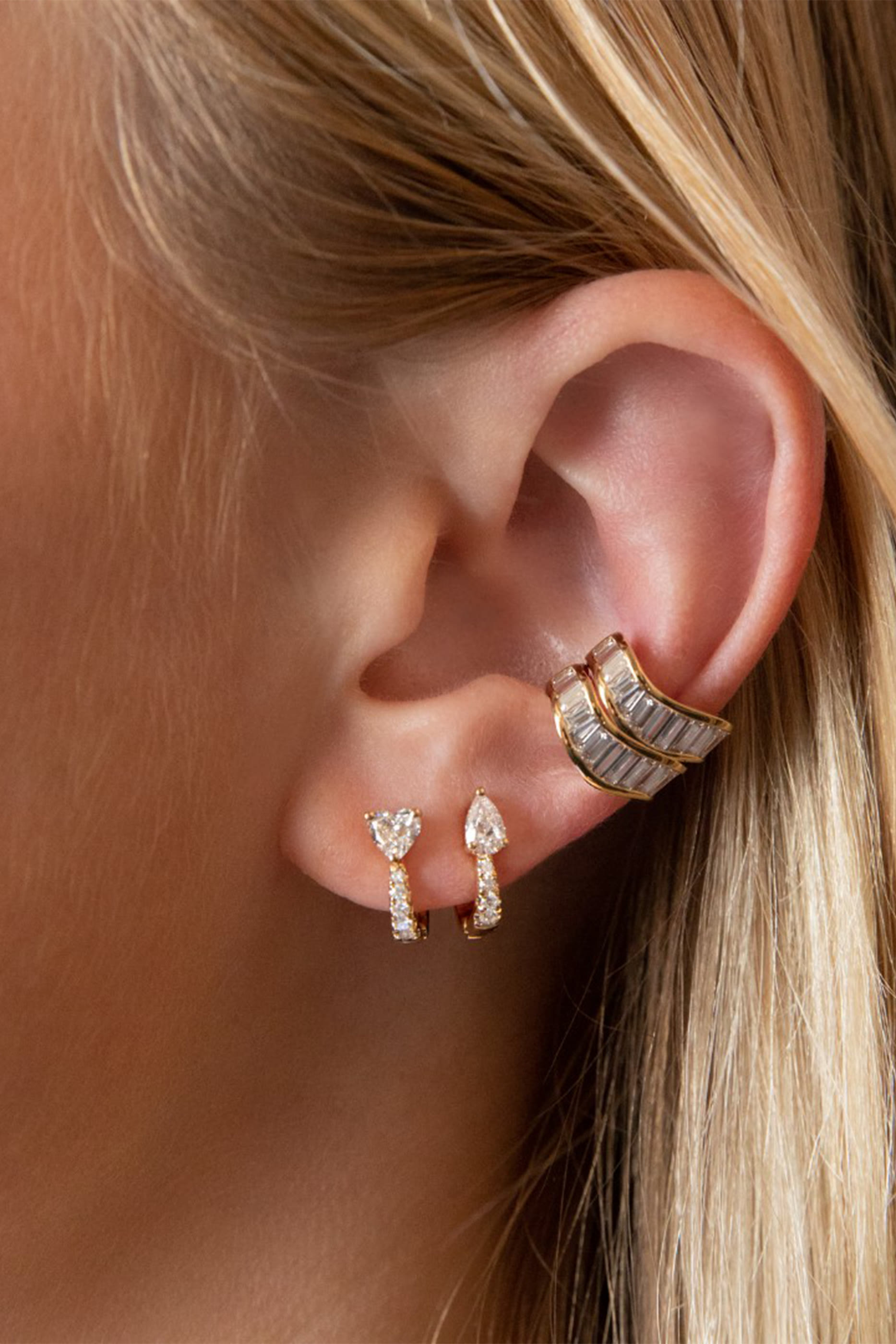 Flat Pave Diamond Huggies with Pear Diamonds, 18k Yellow Gold & Diamonds