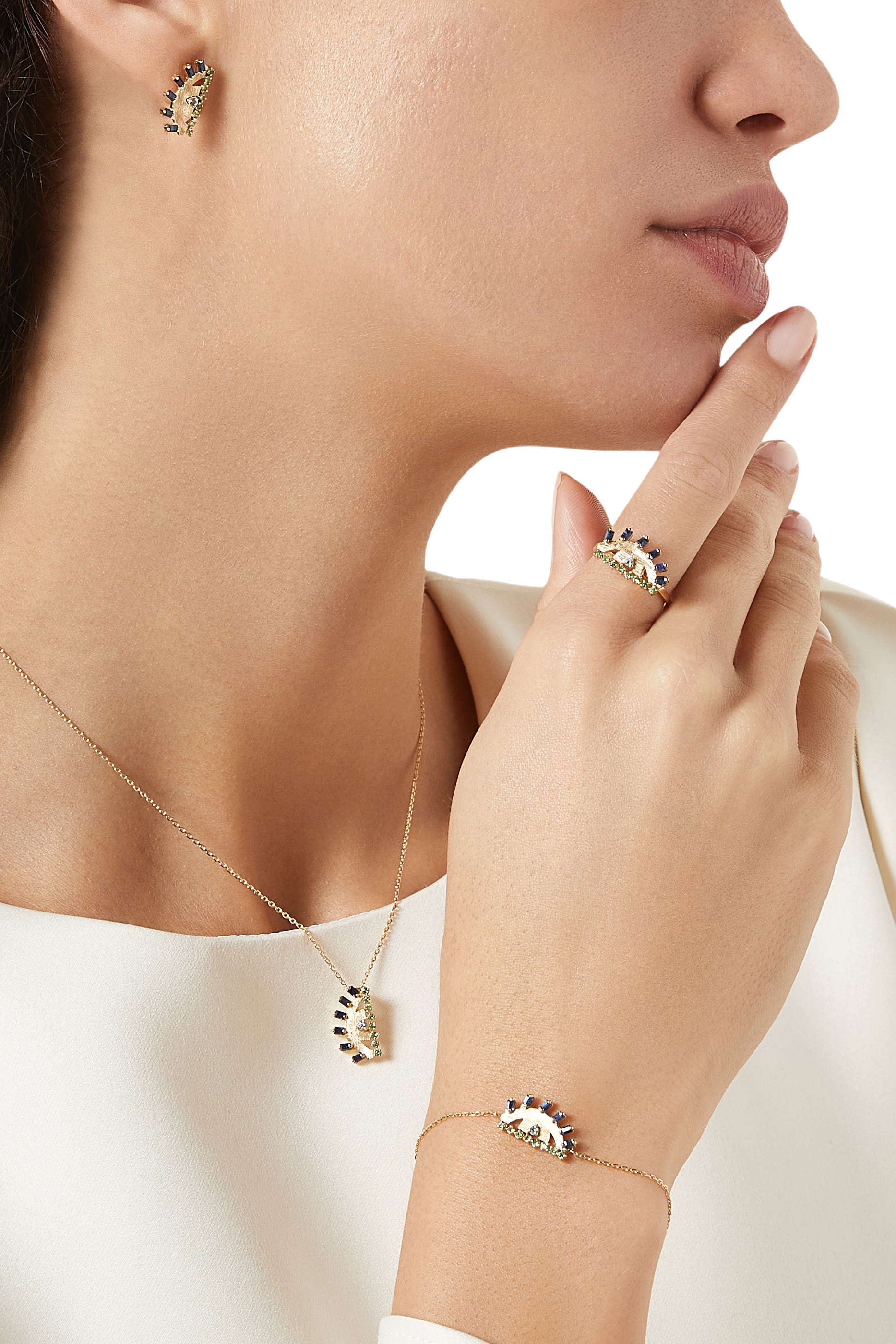 Ya Ein Ring, 18k Yellow Gold with Blue Topaz, Emerald & Sapphire