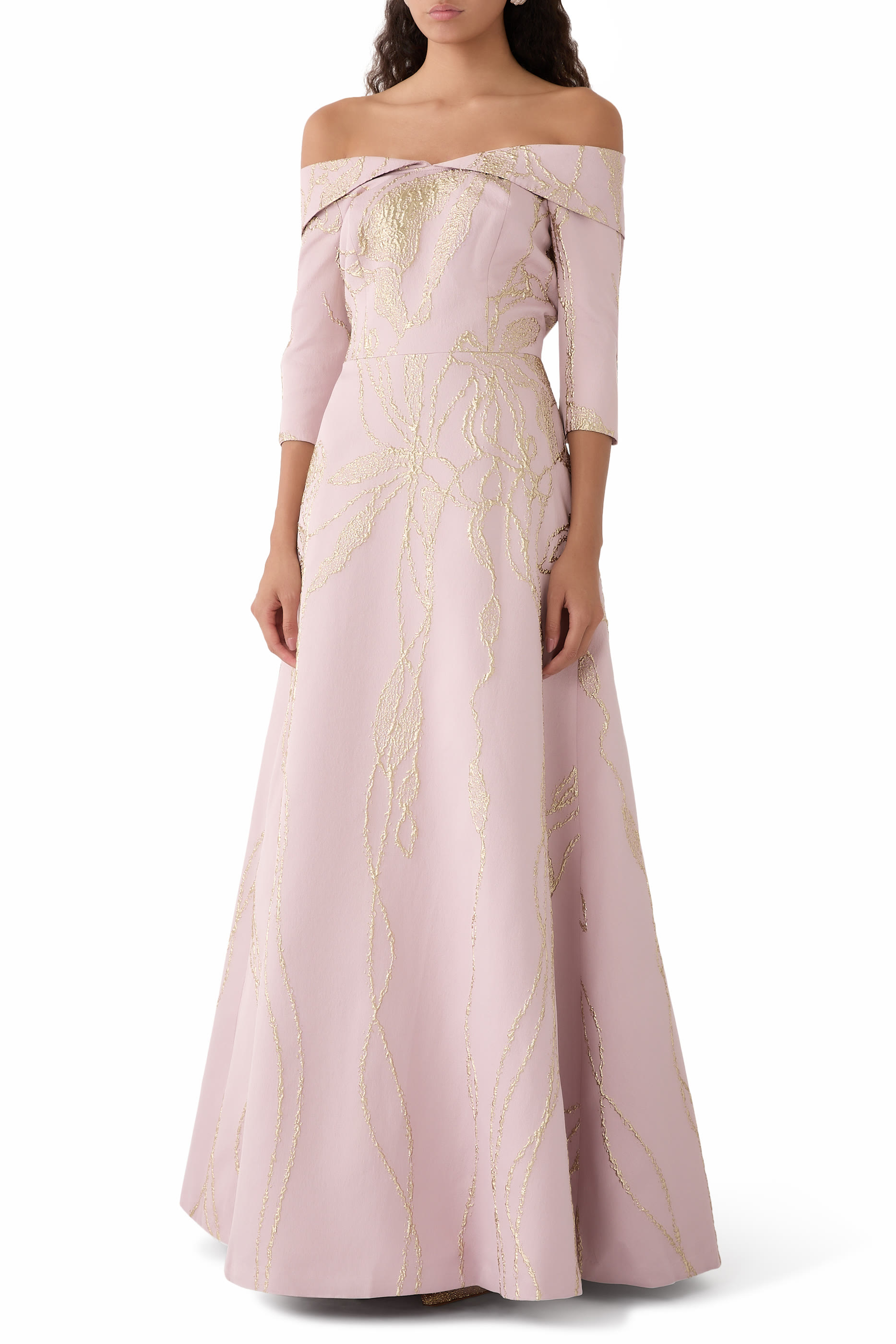 Jacquard Folded Off-Shoulder Gown