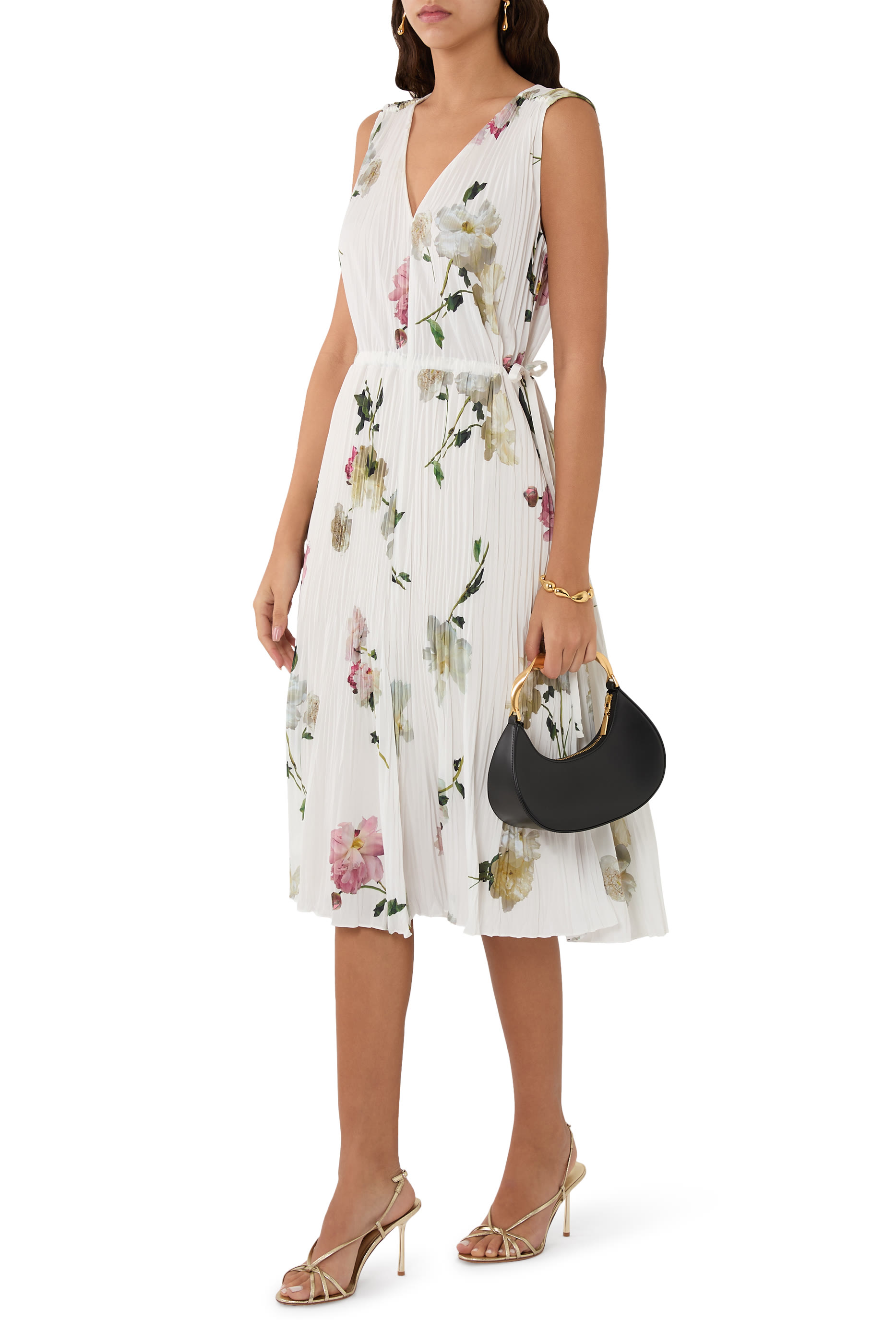 Wilted Peony Pleated V-Neck Dress