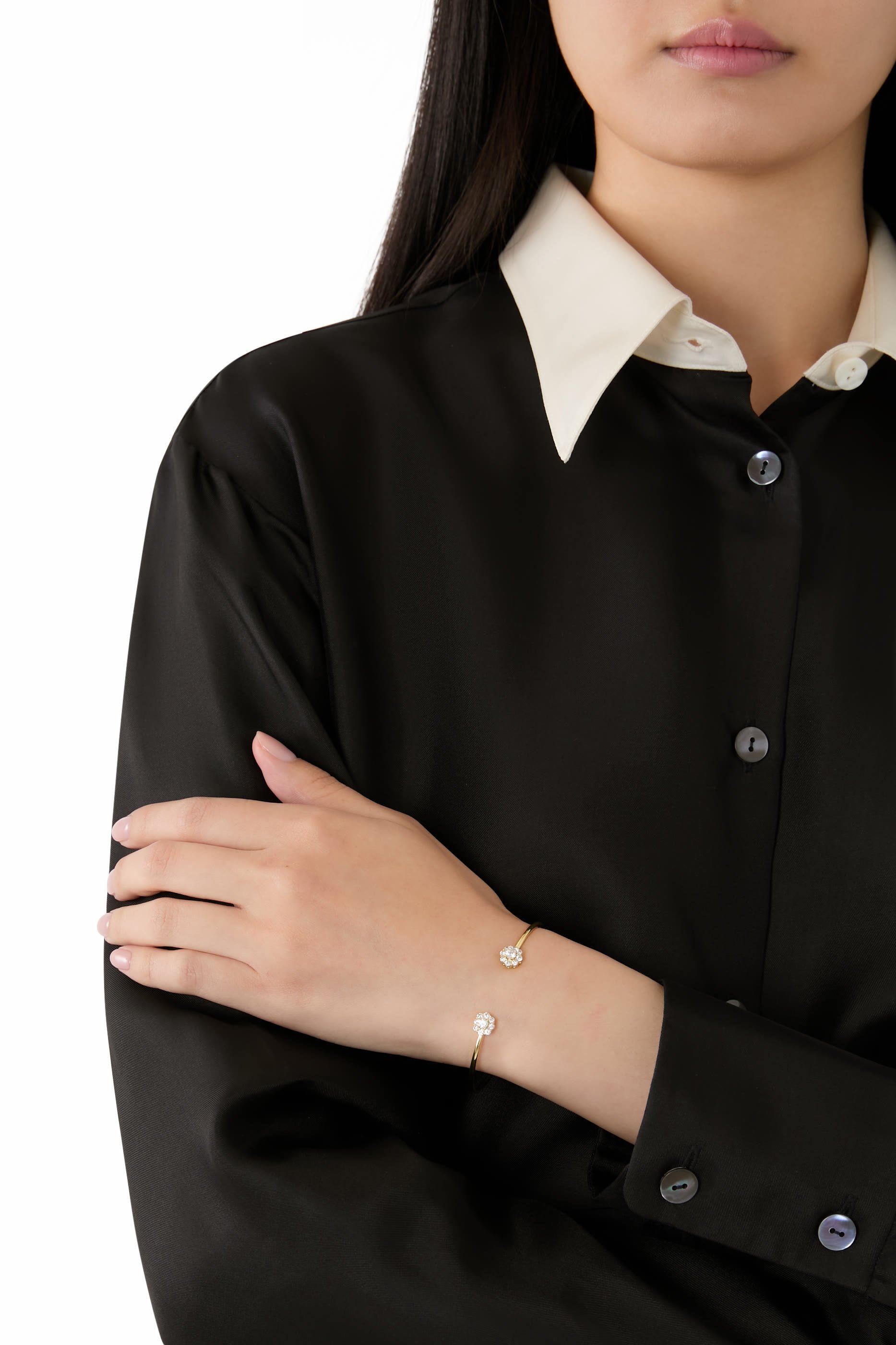  Round CZ Halo Delicate Open Cuff, Gold-Plated Brass & Cubic Zirconia