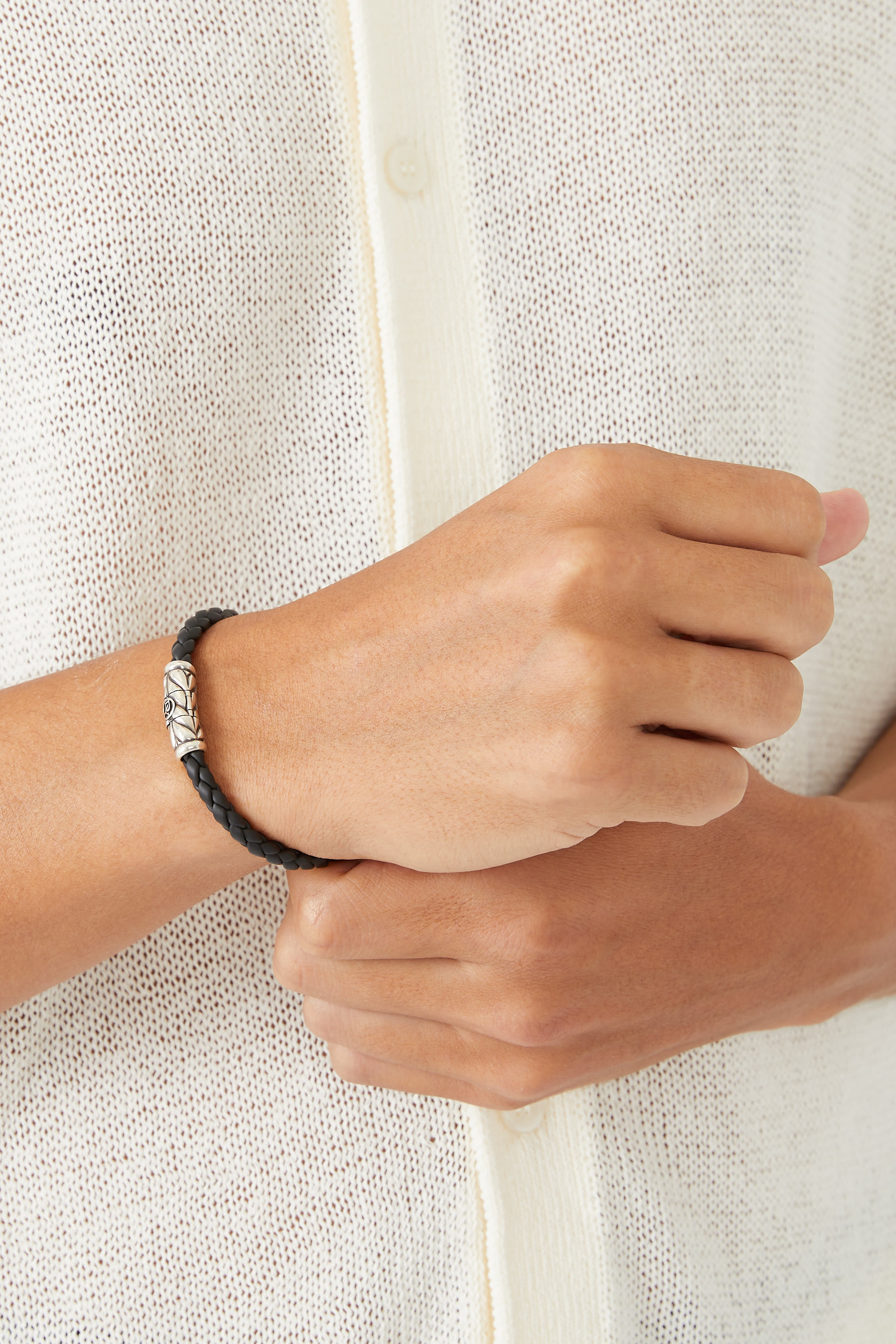 Chevron Woven Bracelet, Sterling Silver & Black Rubber