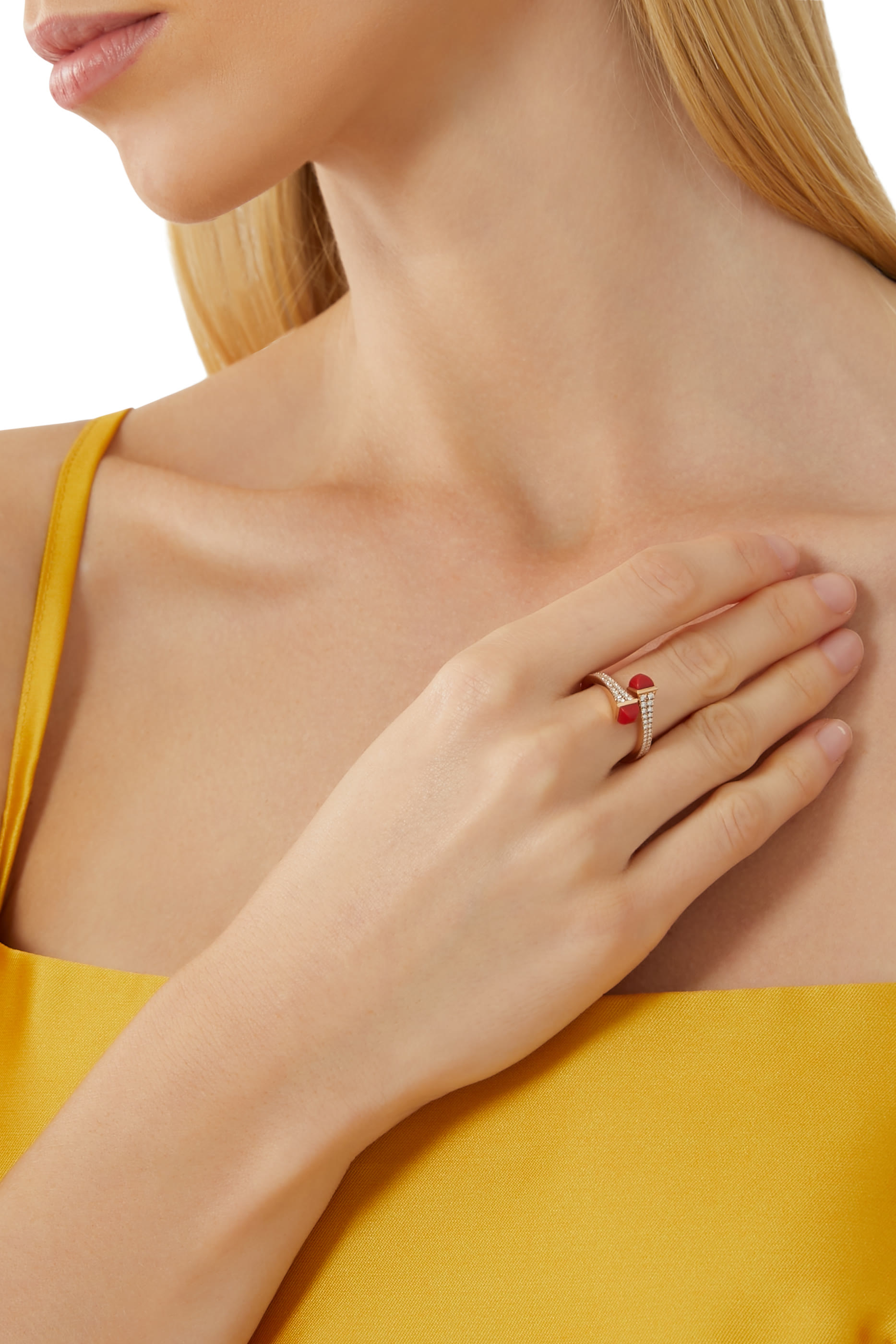 Cleo Slim Ring, 18k Rose Gold Red Coral & Diamonds