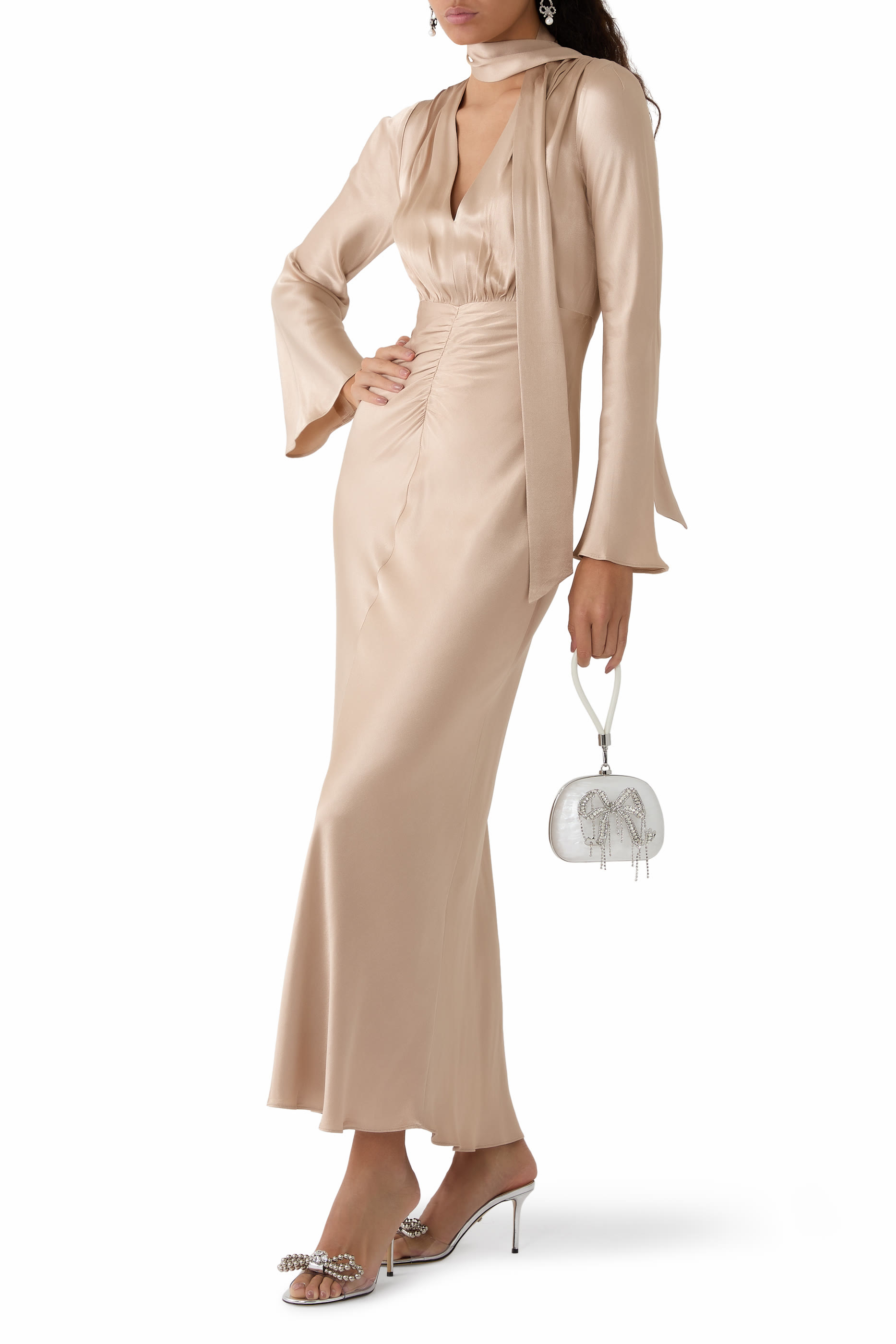 La Lune Plunged Long Sleeve Maxi Dress