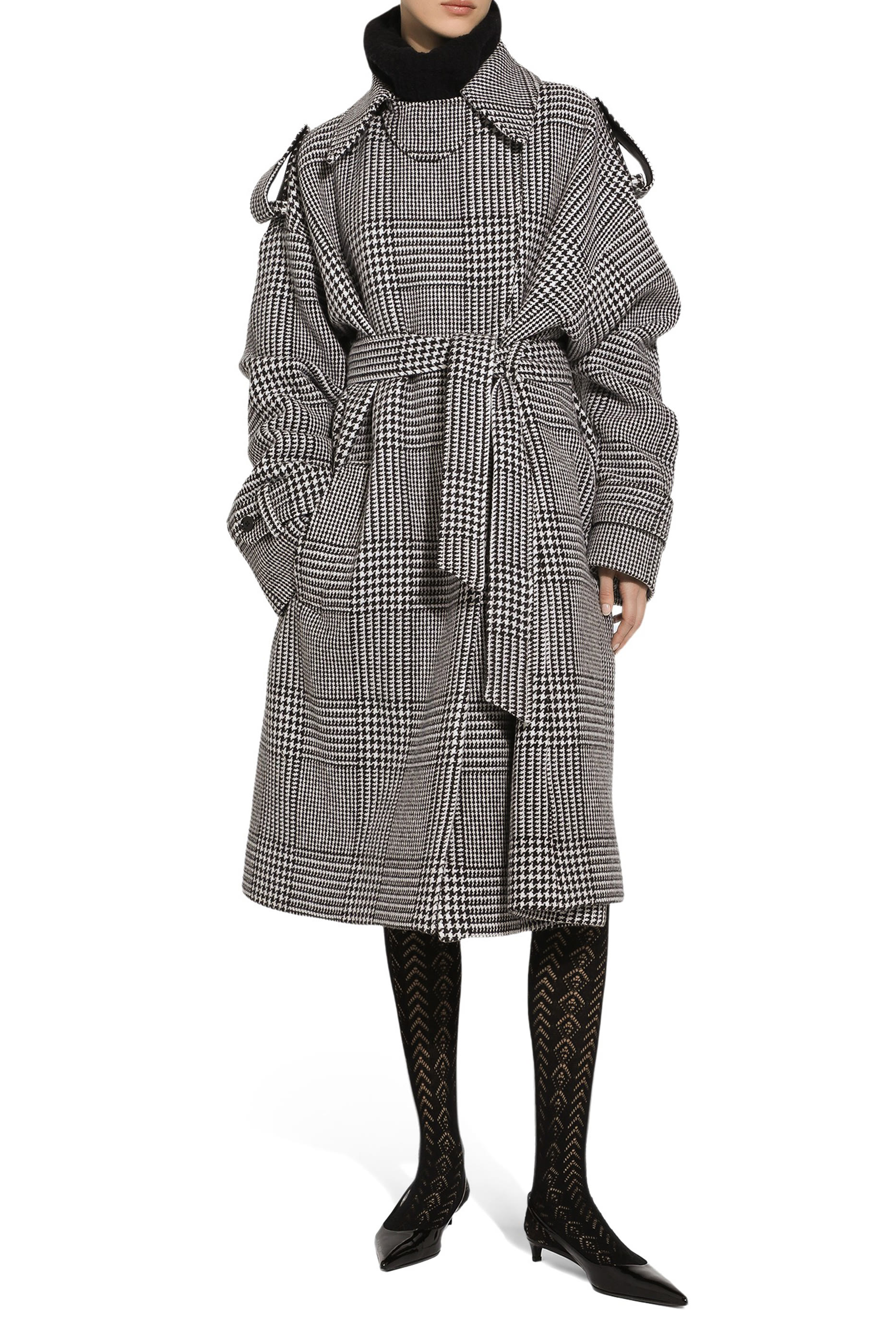 Houndstooth Check Wool Trench Coat