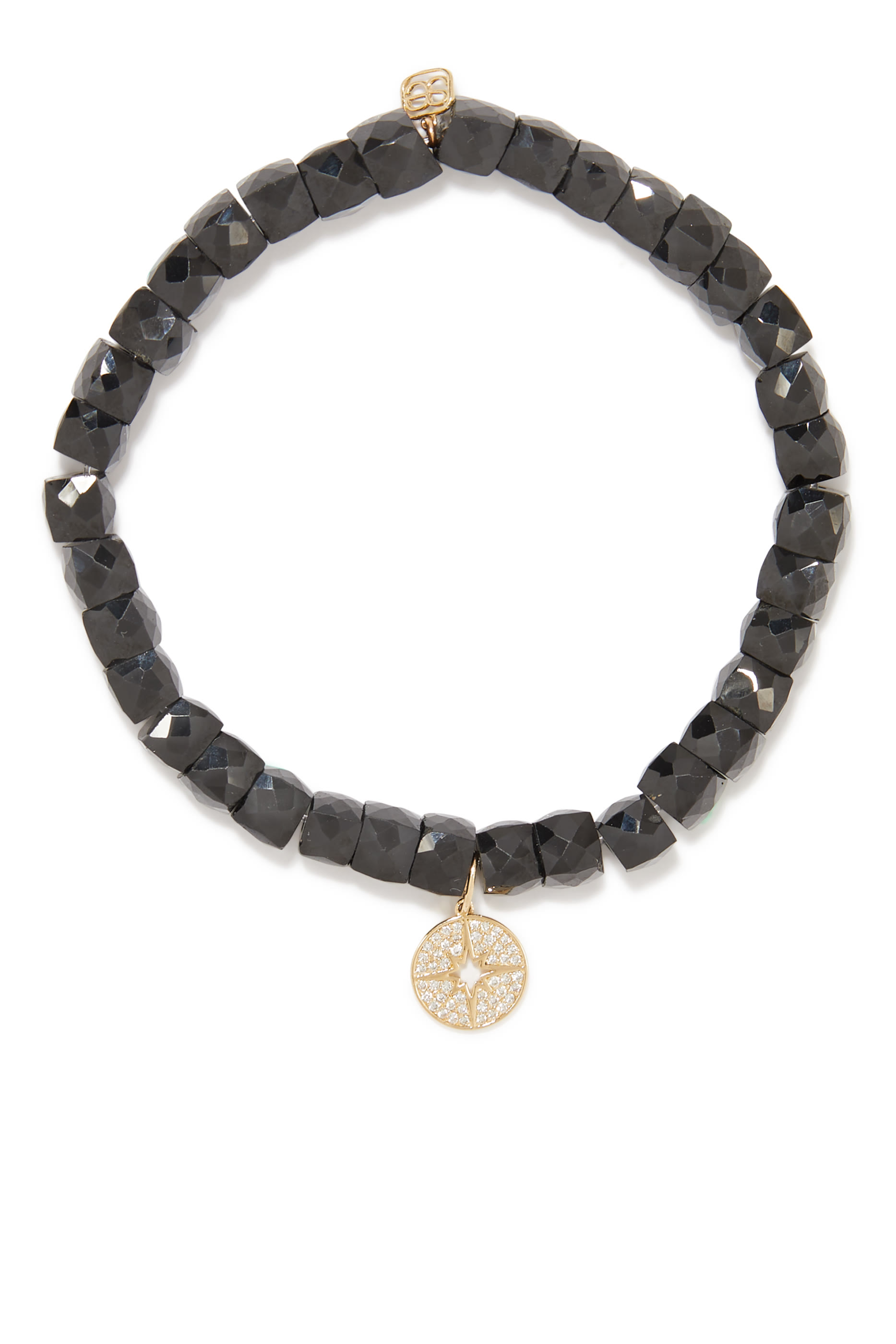 Mini Pave Starburst Medallion on Bead Bracelet, 14K Yellow Gold & Beads