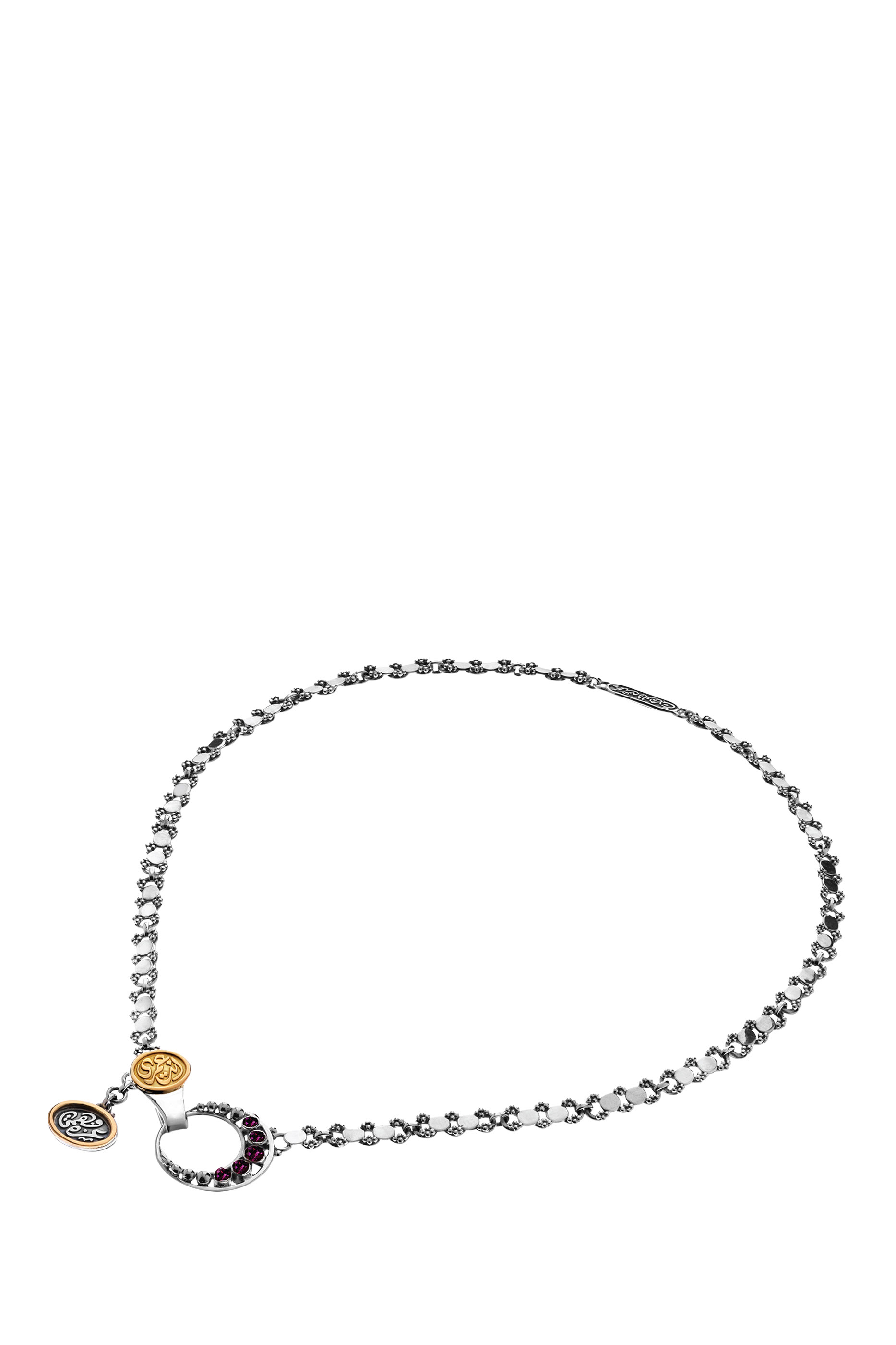  Eternity Crescent Necklace, 18K Yellow Gold with Sterling Silver & Rhodolite