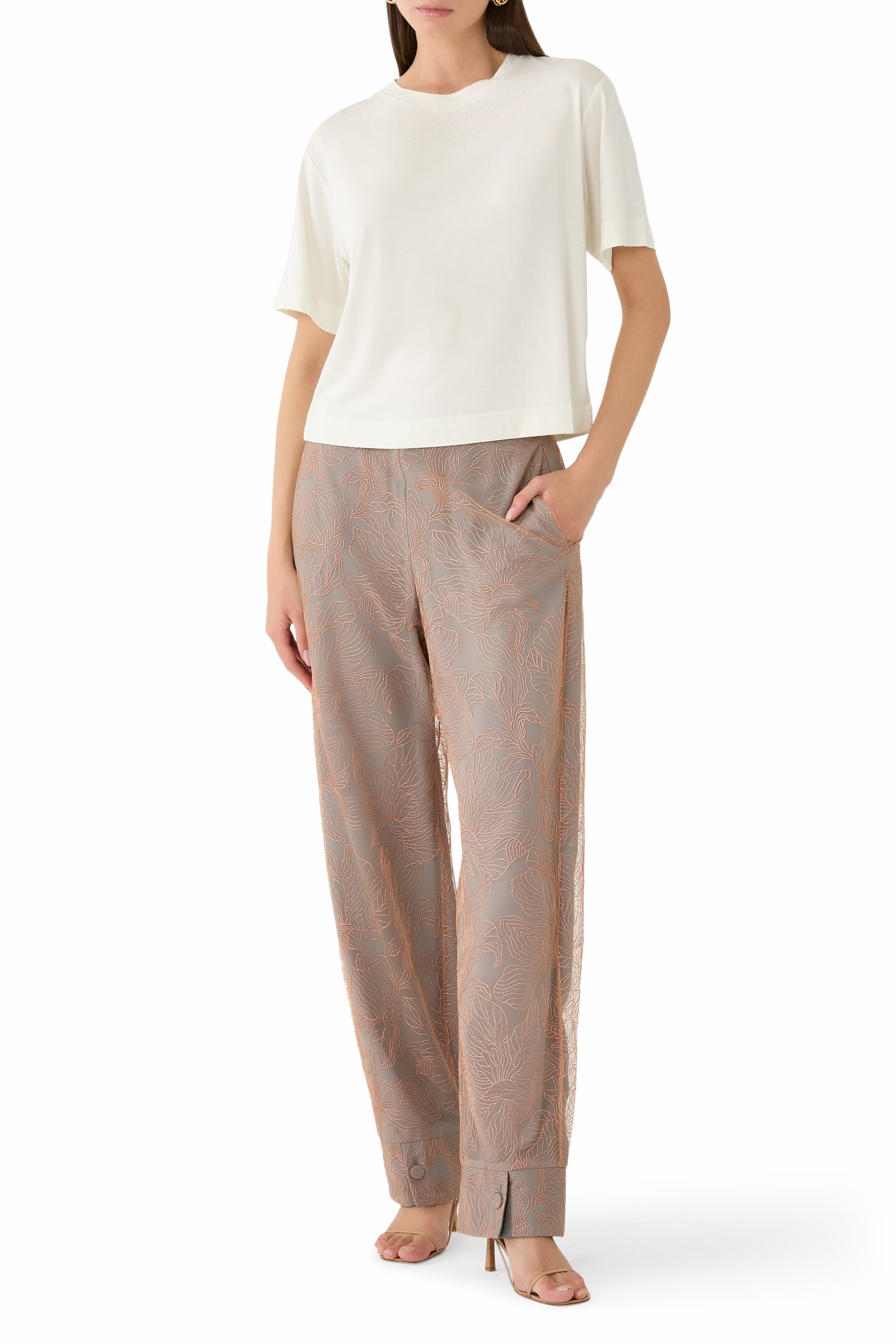 Embossed Lurex Flowers Pattern Trousers