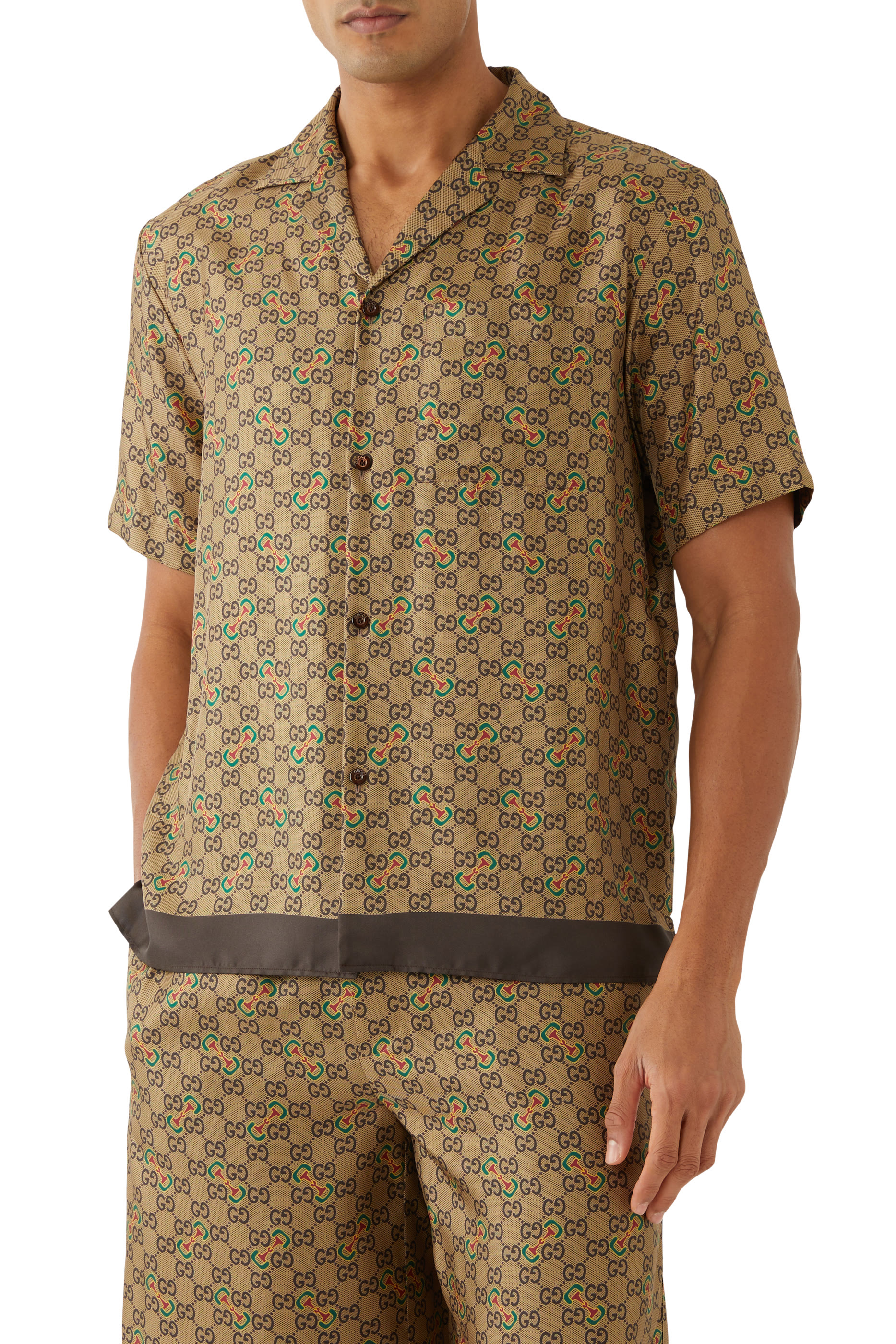 GG Horsebit Print Silk Twill Shirt