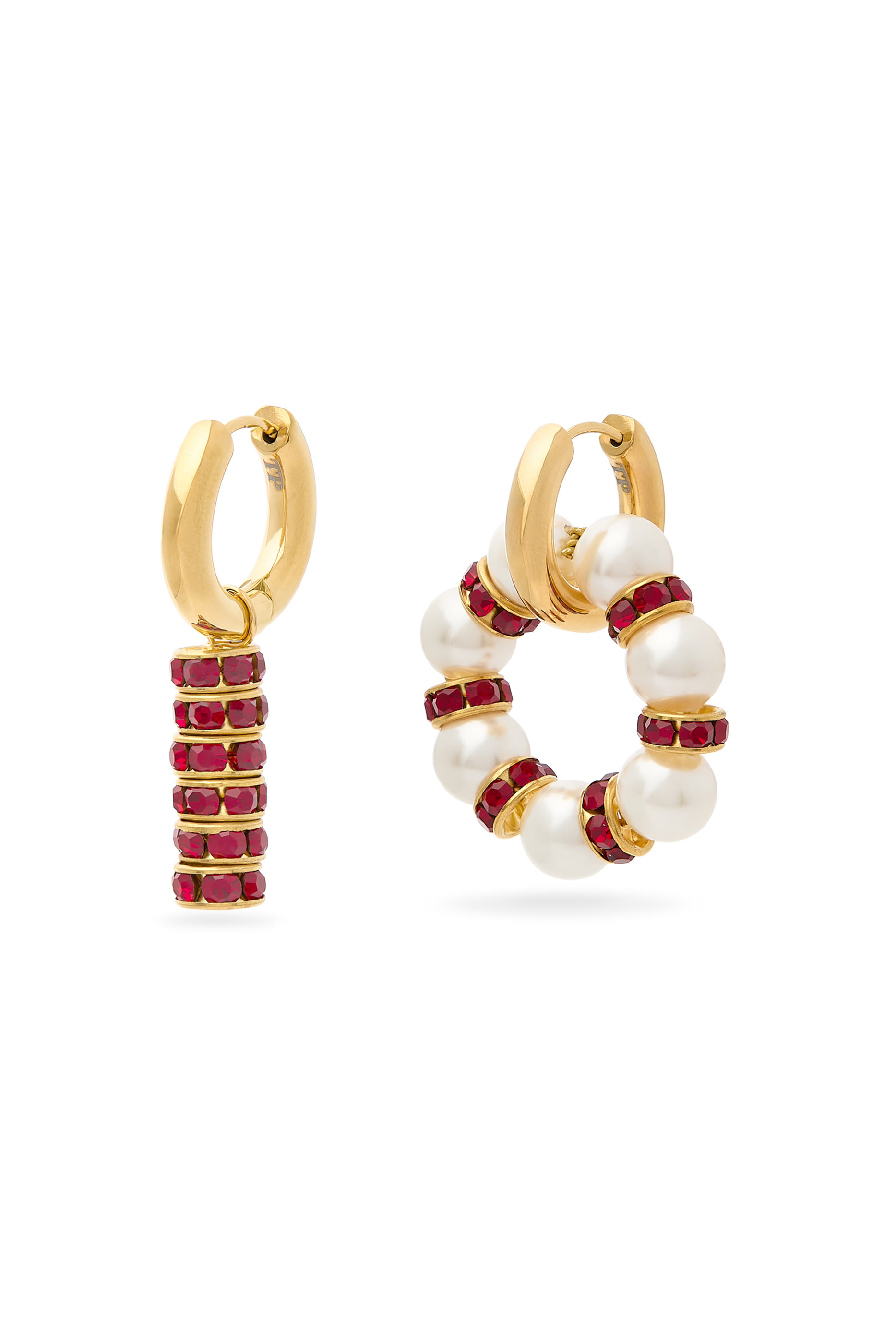 Mismatched Earrings, 24K Gold-Plated Brass with Pearls & Strass