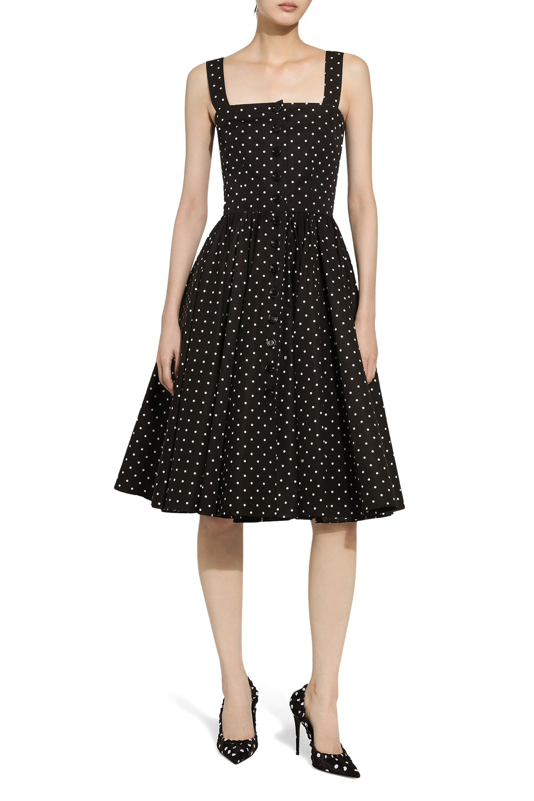 Calf-Length Cotton Dress with Polka-Dot Print