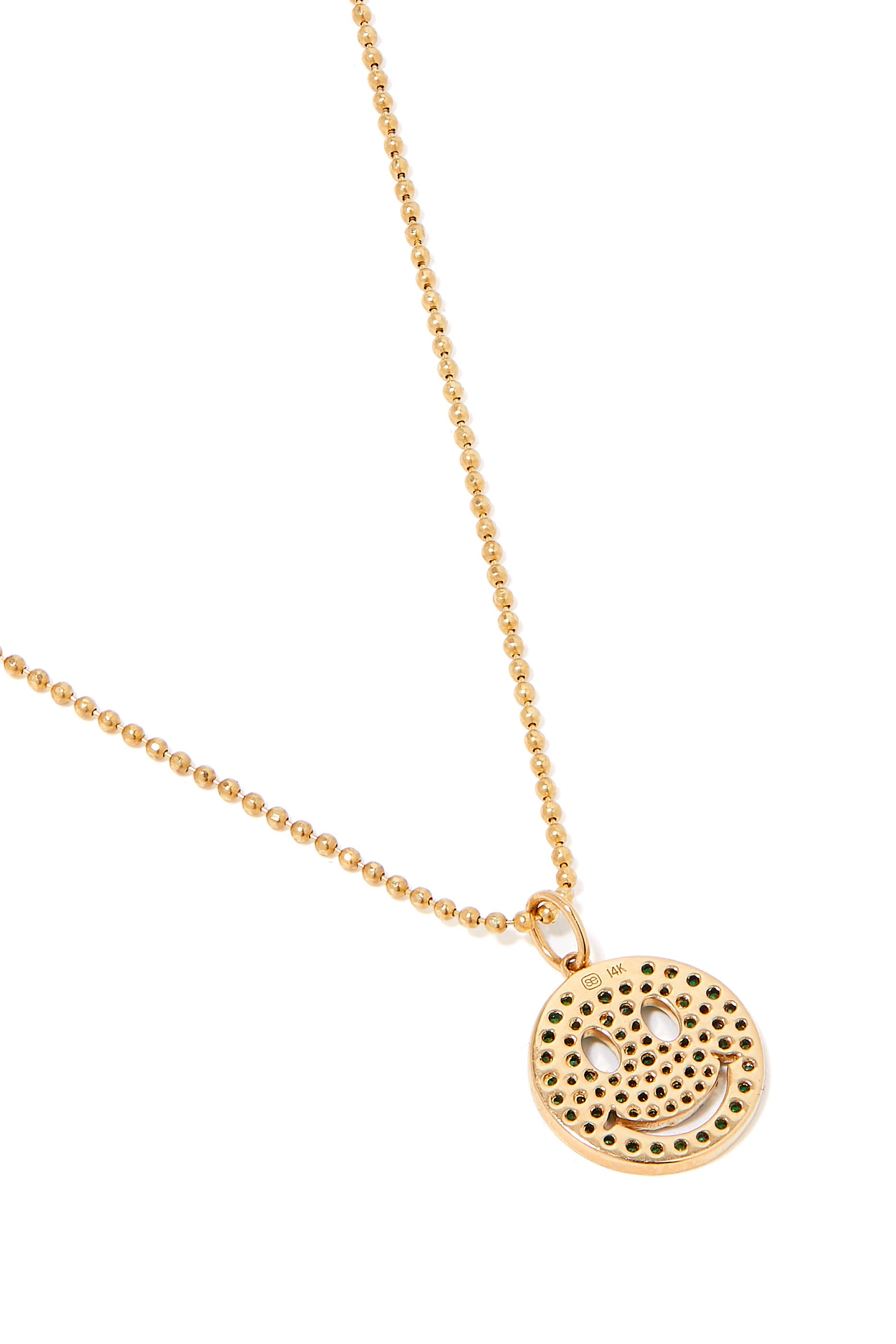 Medium Happy Face Pendant Necklace, 14k Yellow Gold & Emerald