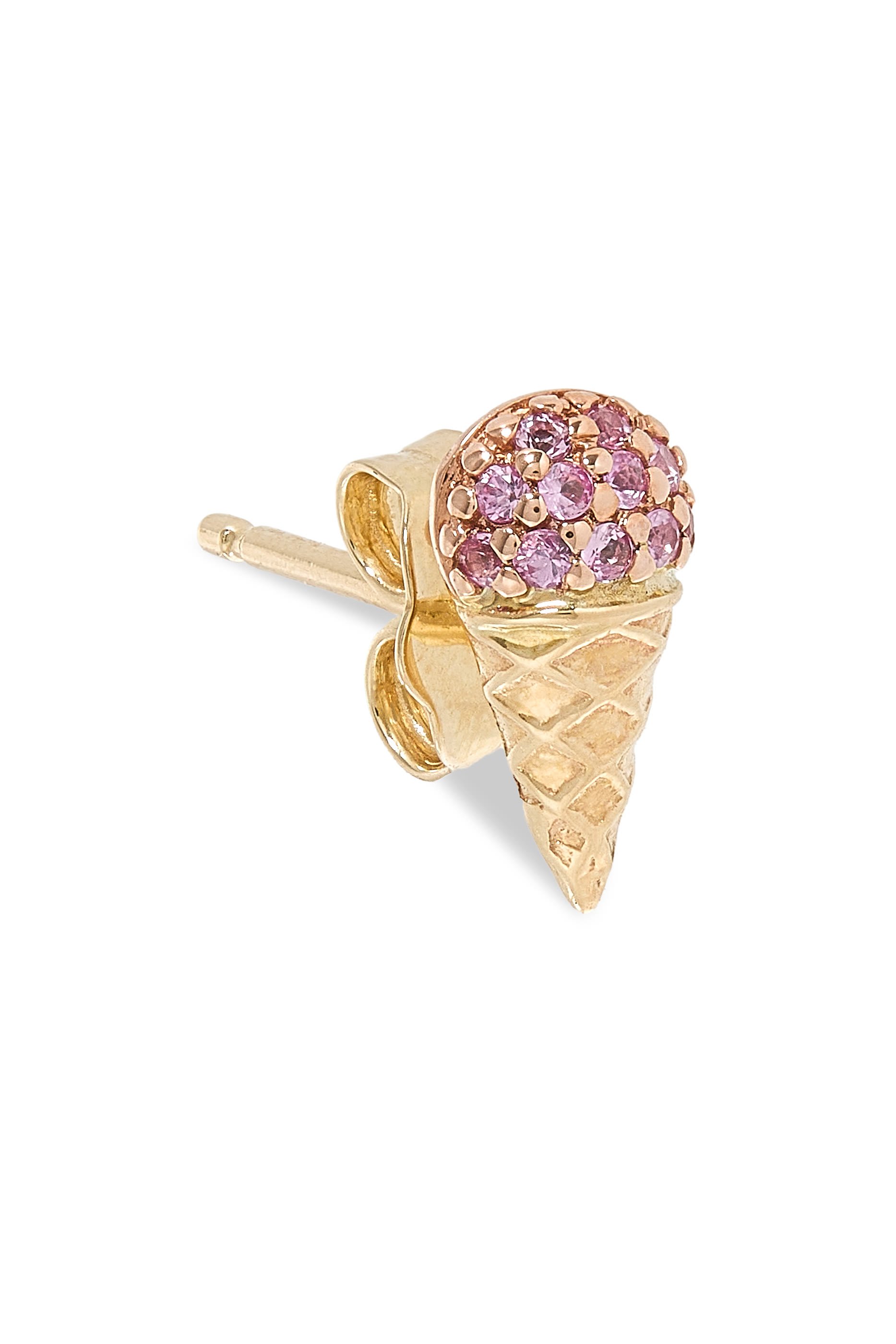 Kids Small Ice Cream Cone Studs, 14K Yellow Gold & Pink Sapphire