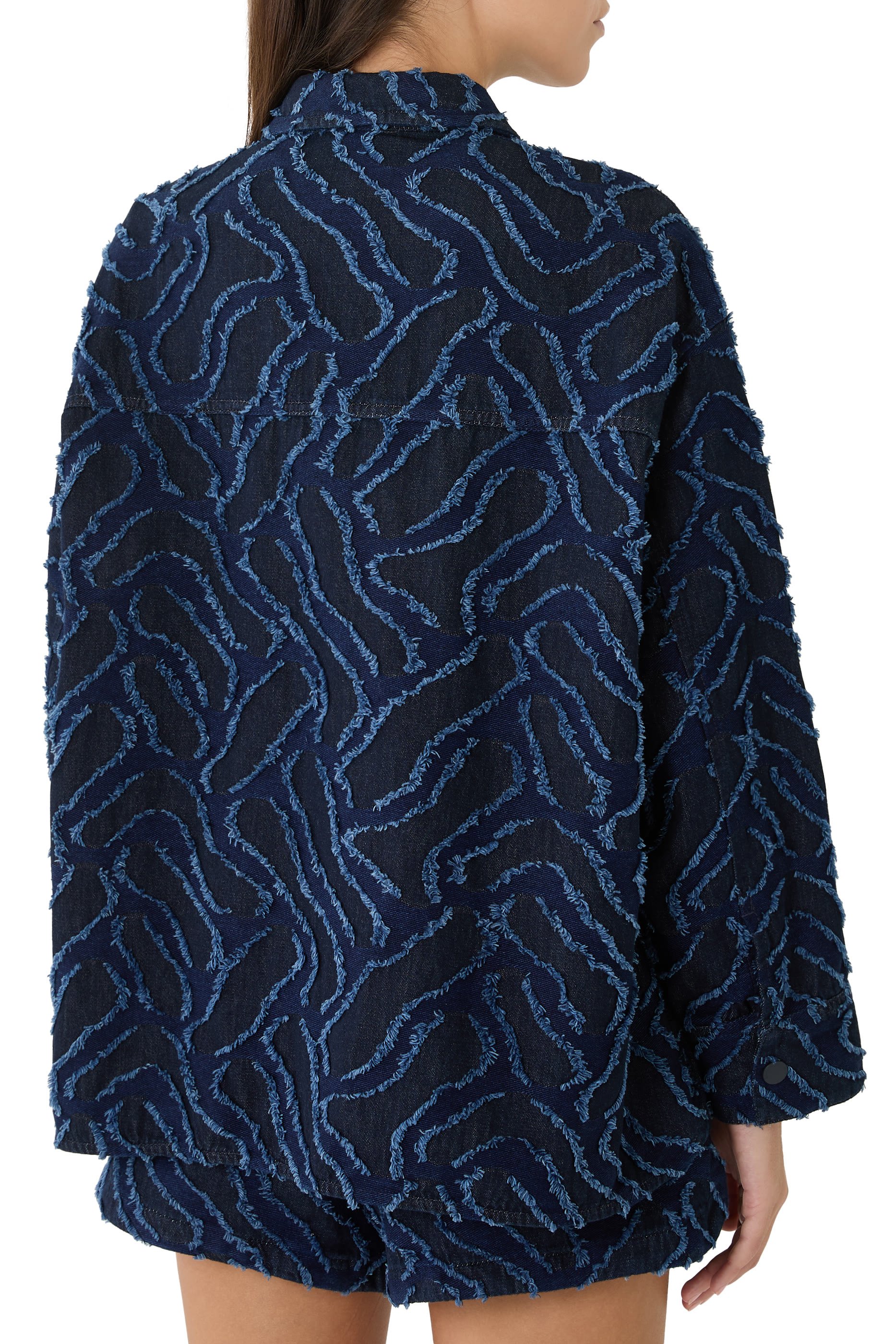  Fringed Embossed-Motif Jacquard Denim Shirt Jacket