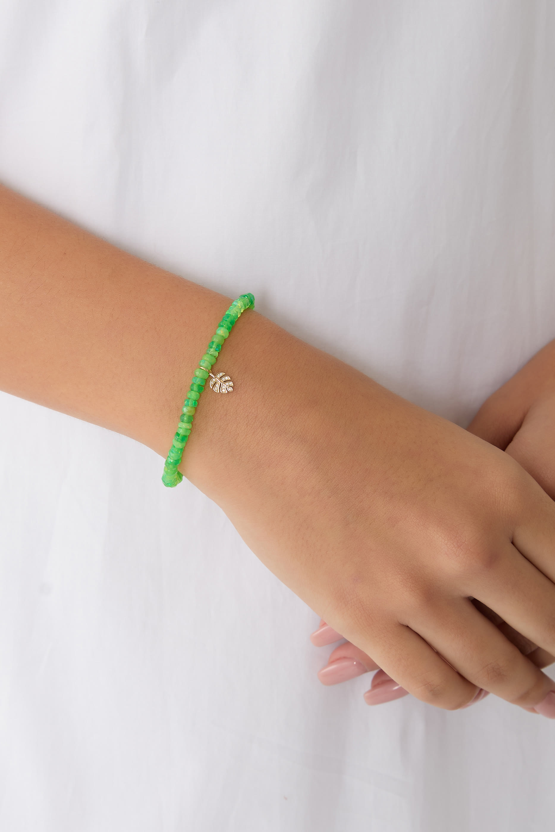 Tiny Monstera Leaf Charm Beaded Bracelet, 14k Yellow Gold & Diamonds, Ethiopian Opal