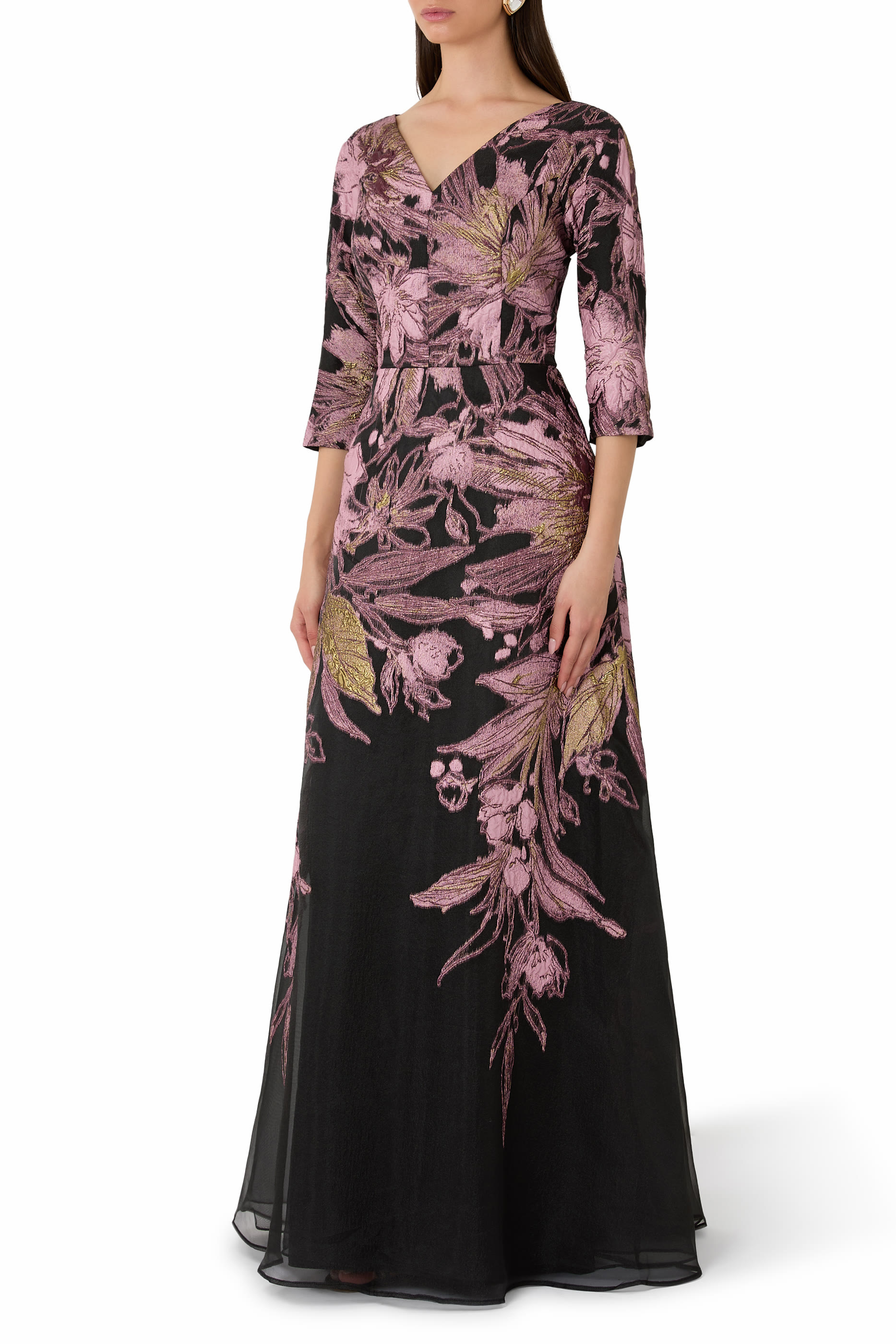 Metallic Jacquard Floral V-Neck Gown