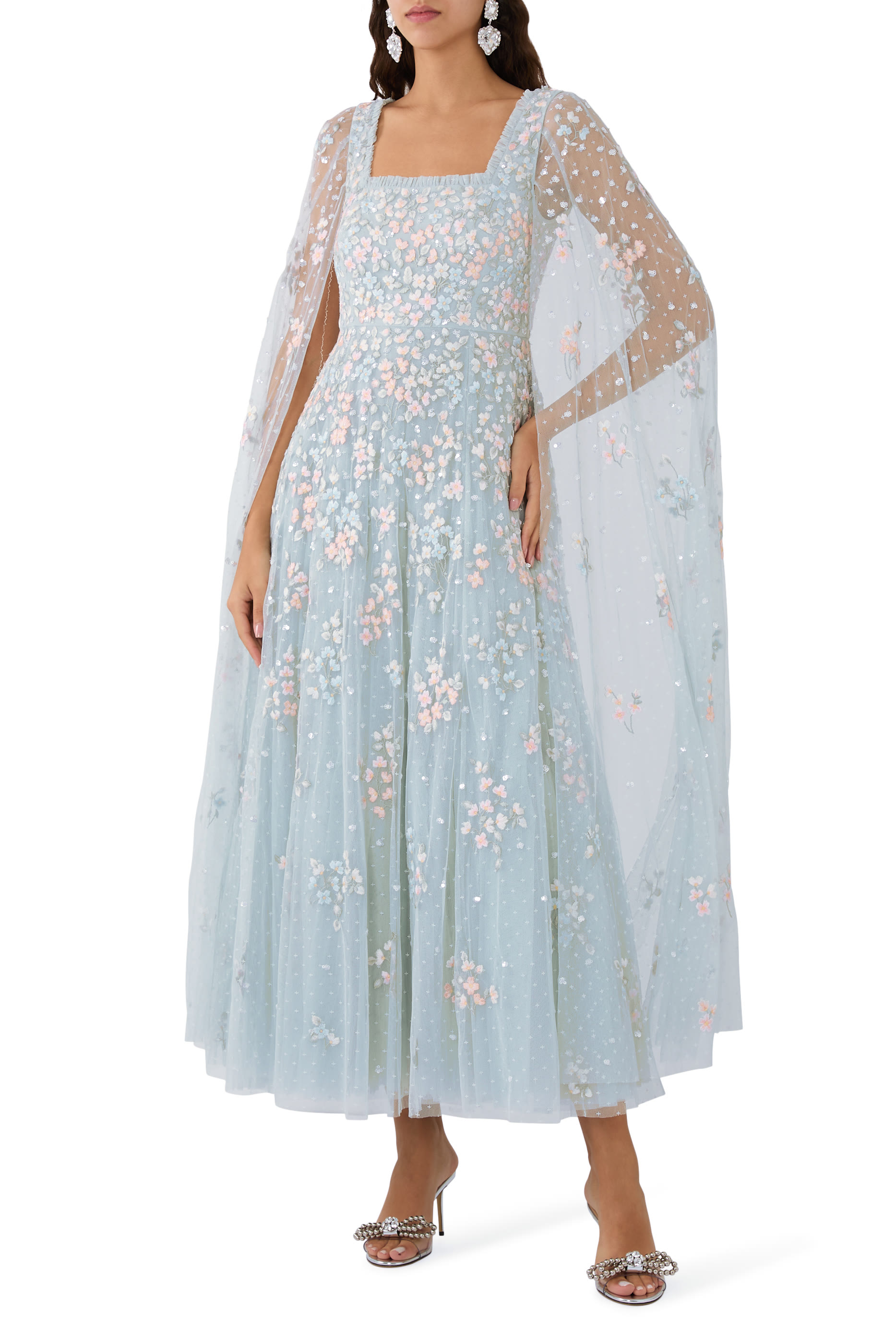 Versailles Ditsy Cape Sleeves Ankle Gown