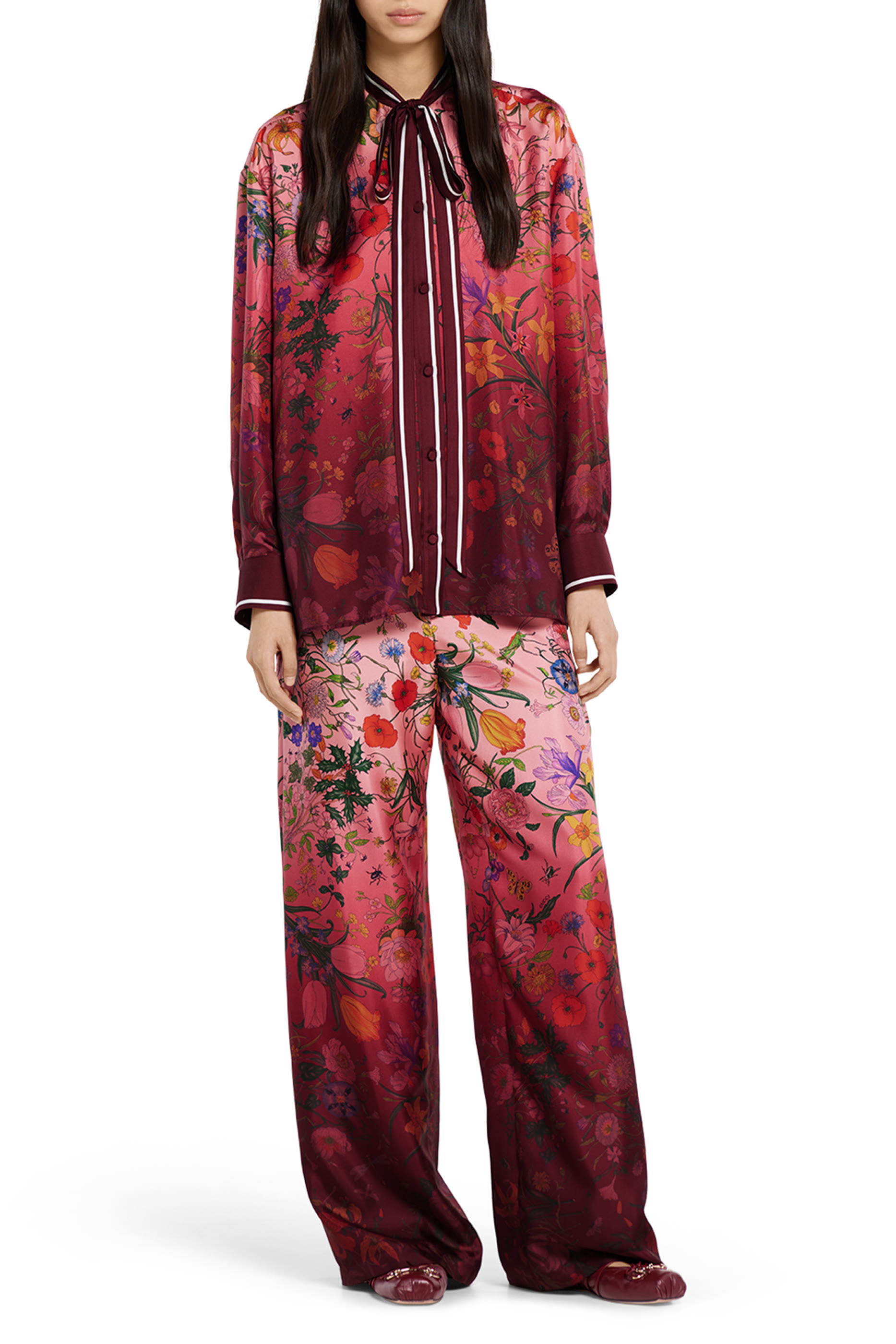 Neck Bow Printed Silk Shirt