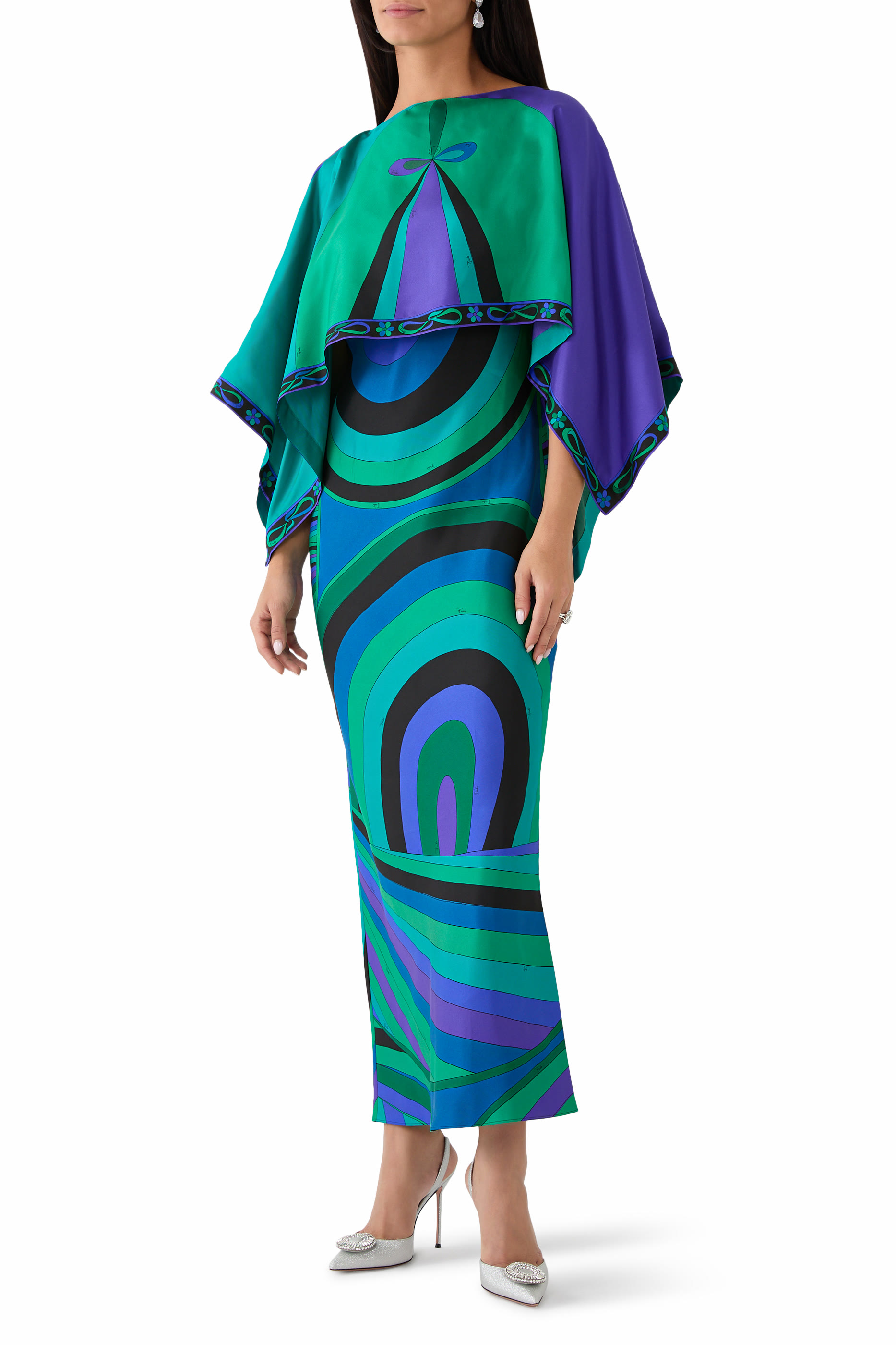 Iride Print Long Dress with Cape