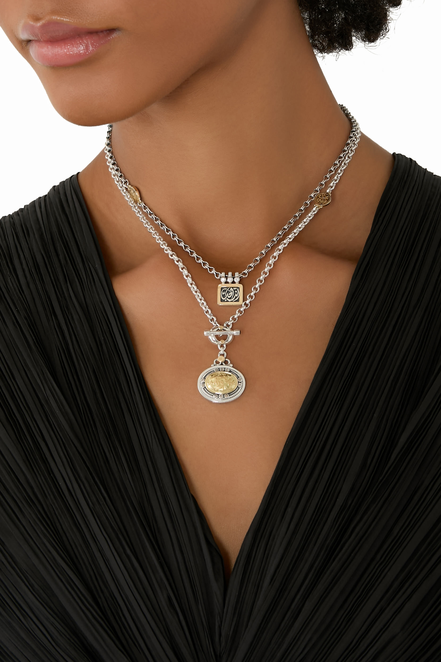 T-Lock Calligraphy Necklace, 18k Yellow Gold & Sterling Silver with Garnet & Diamonds