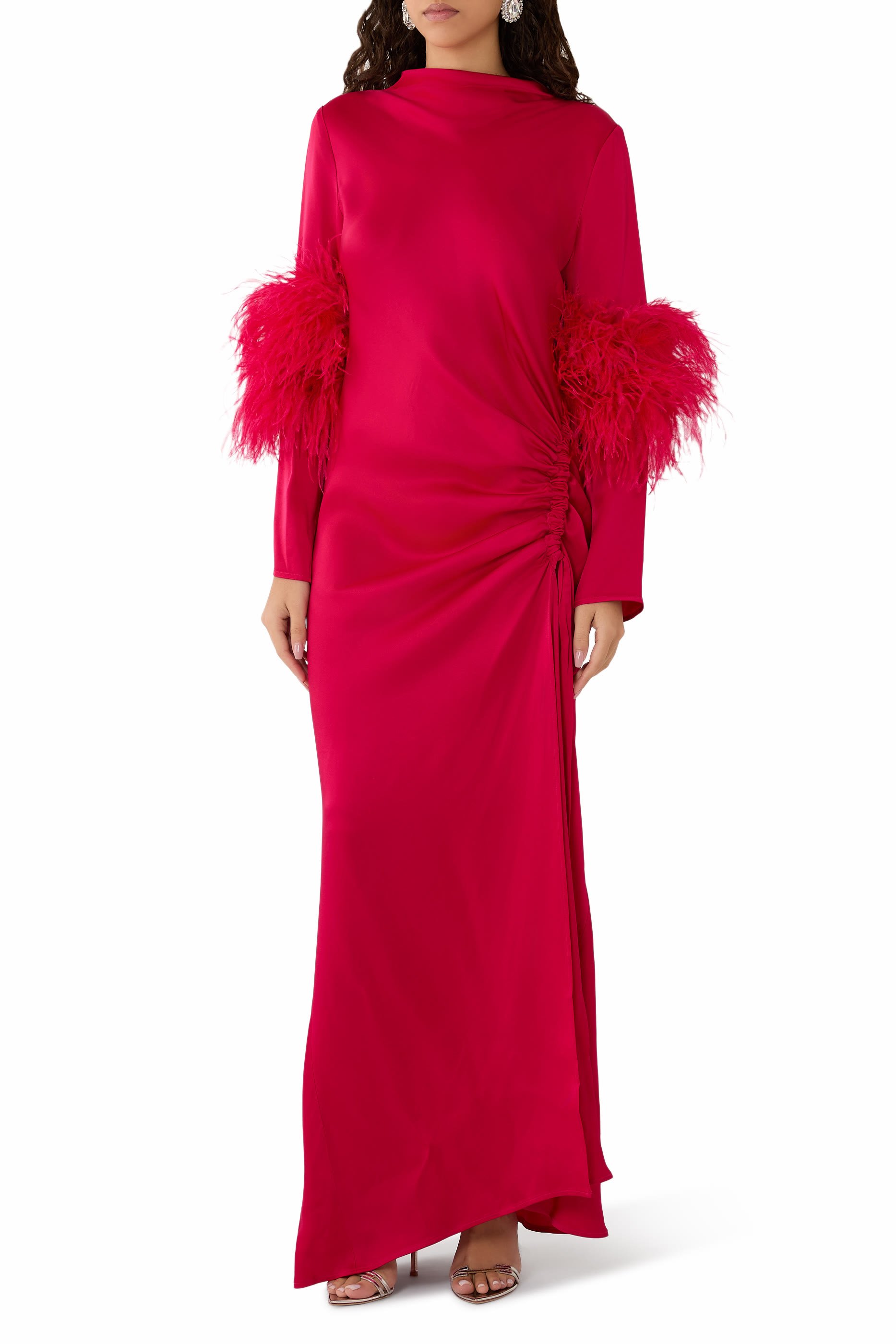  Satin Tab Gown with Feathers