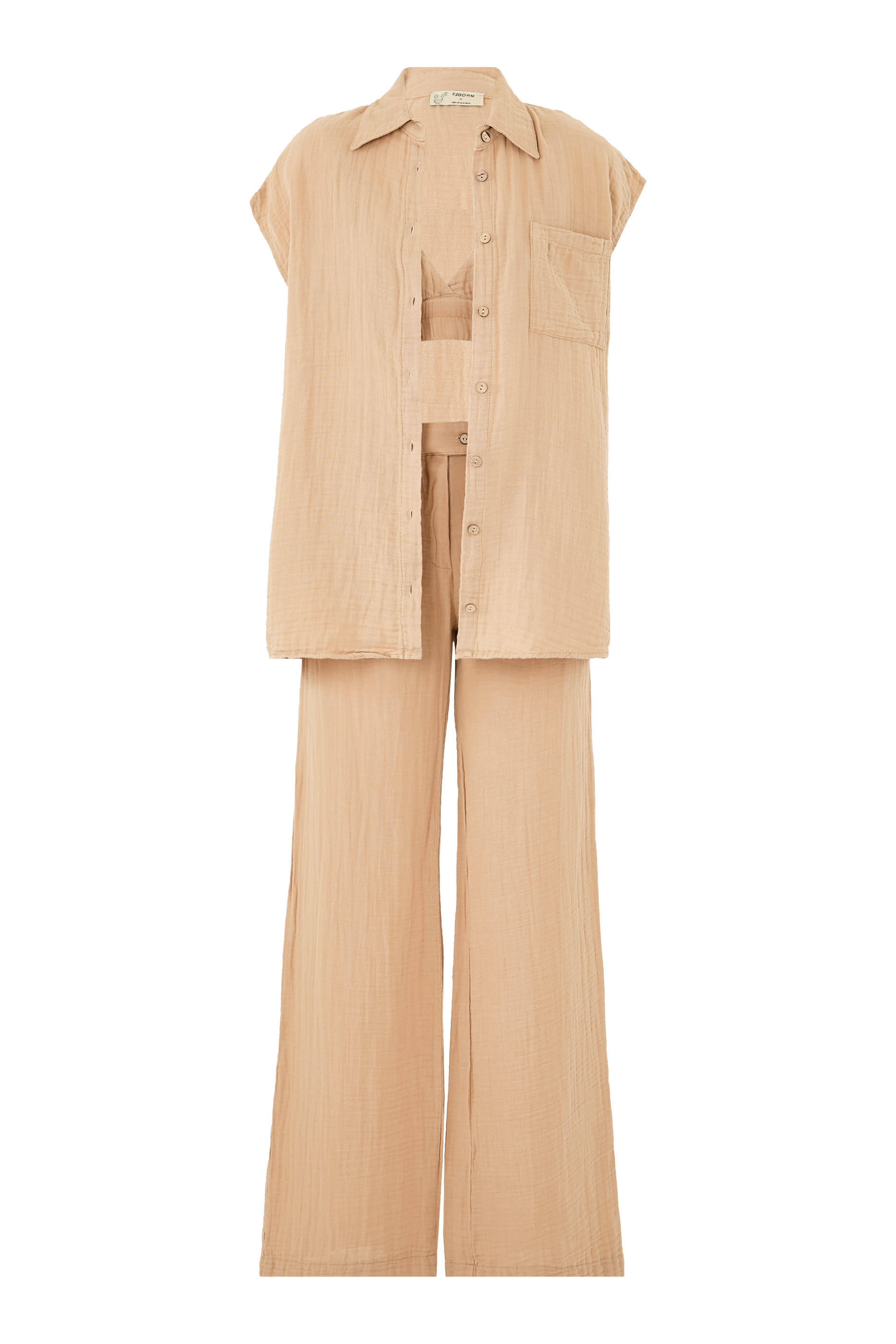 Collared Crinkled Shirt with Matching Bra and Pant Set