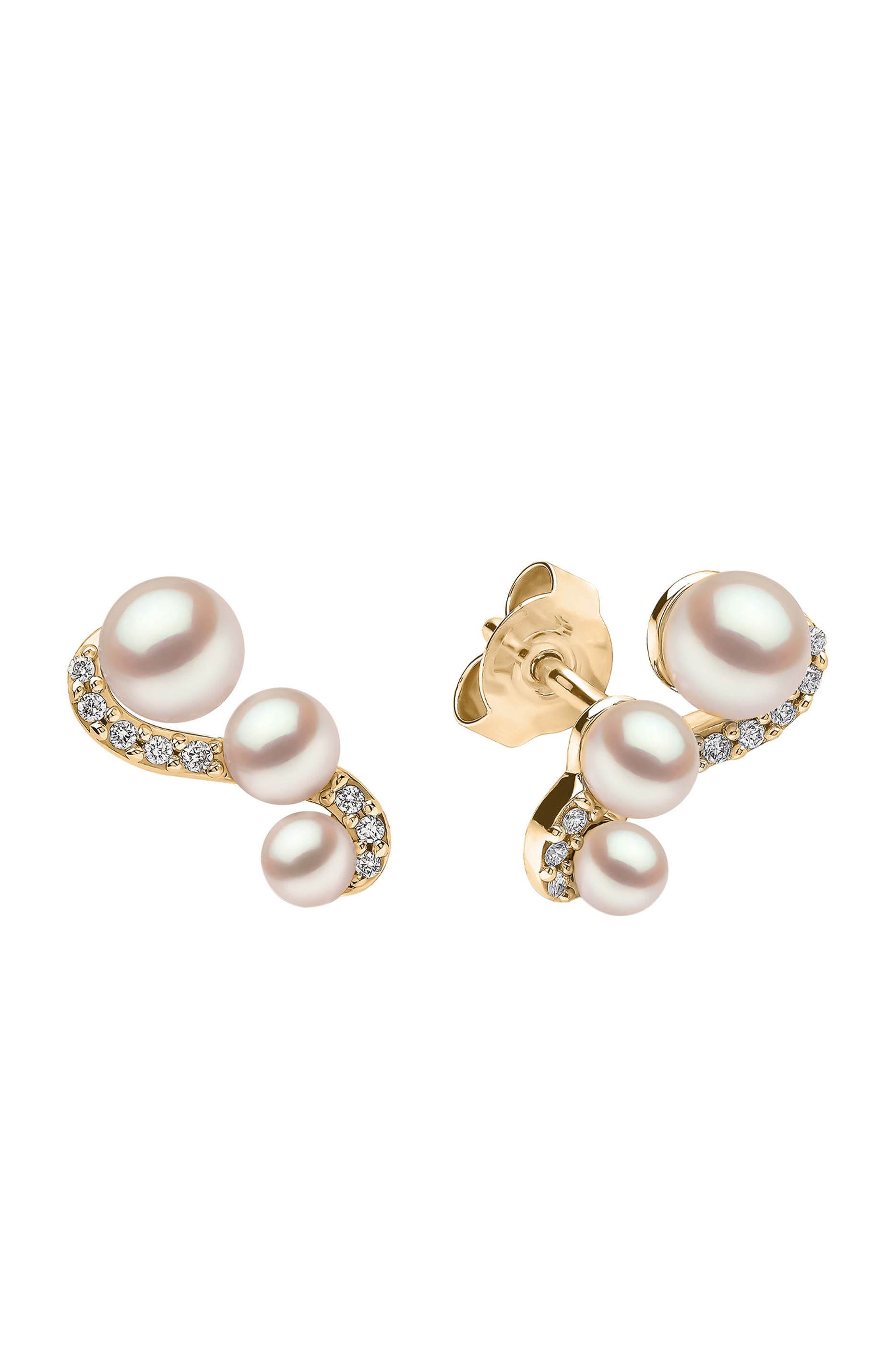 Sleek S-Shape Earrings, 18k Yellow Gold with Akoya Pearls & Diamonds