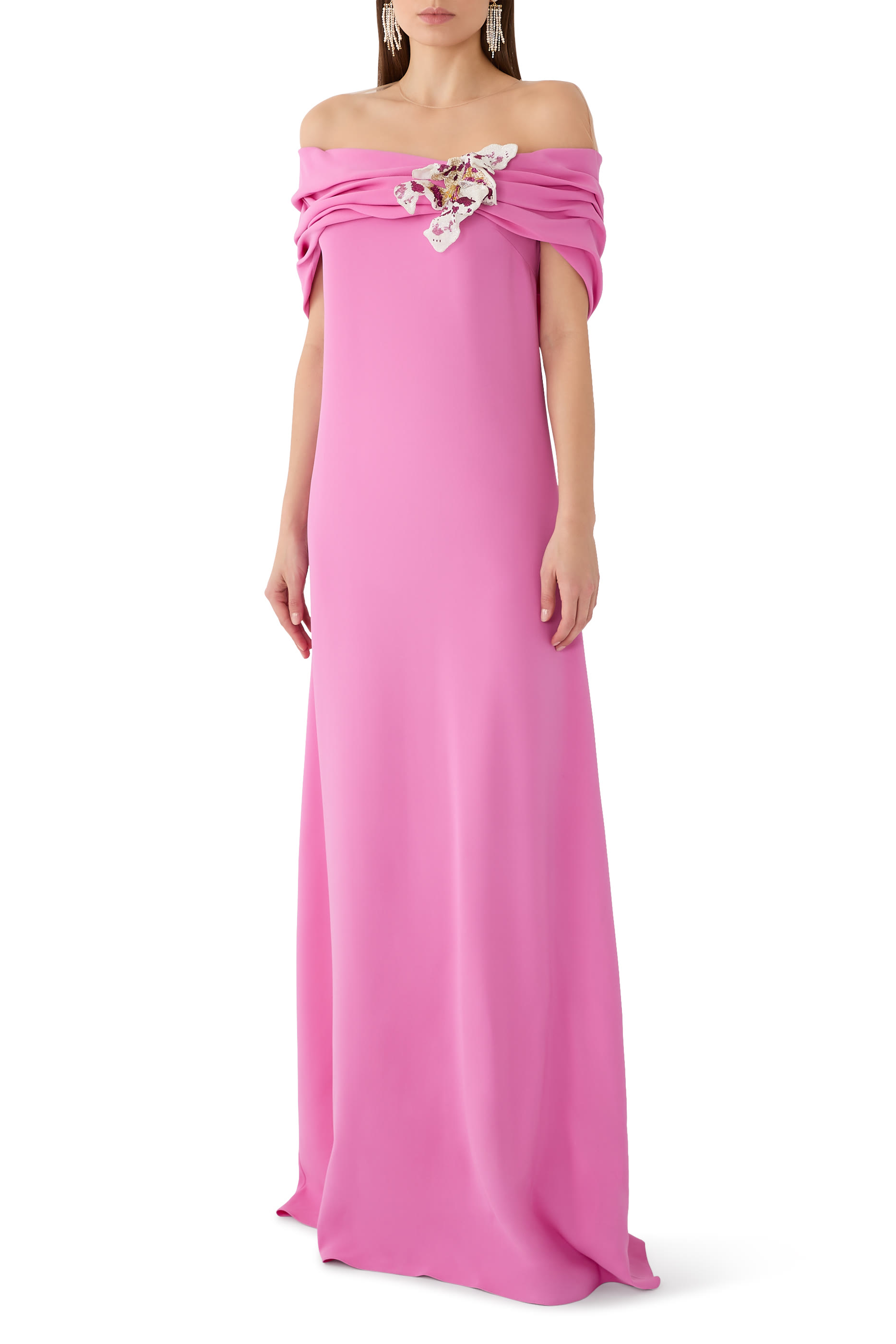 Watercolor Orchid Off-Shoulder Dress